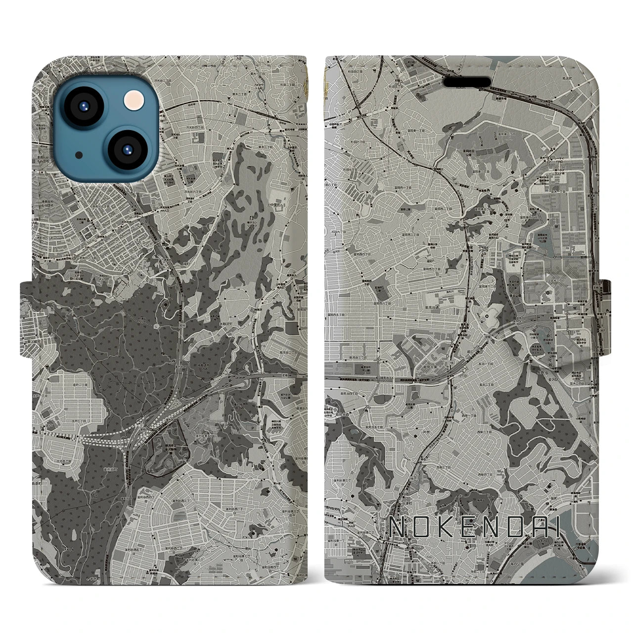 【能見台(神奈川県)】地図柄iPhoneケース(手帳タイプ)モノトーン・iPhone 13 用