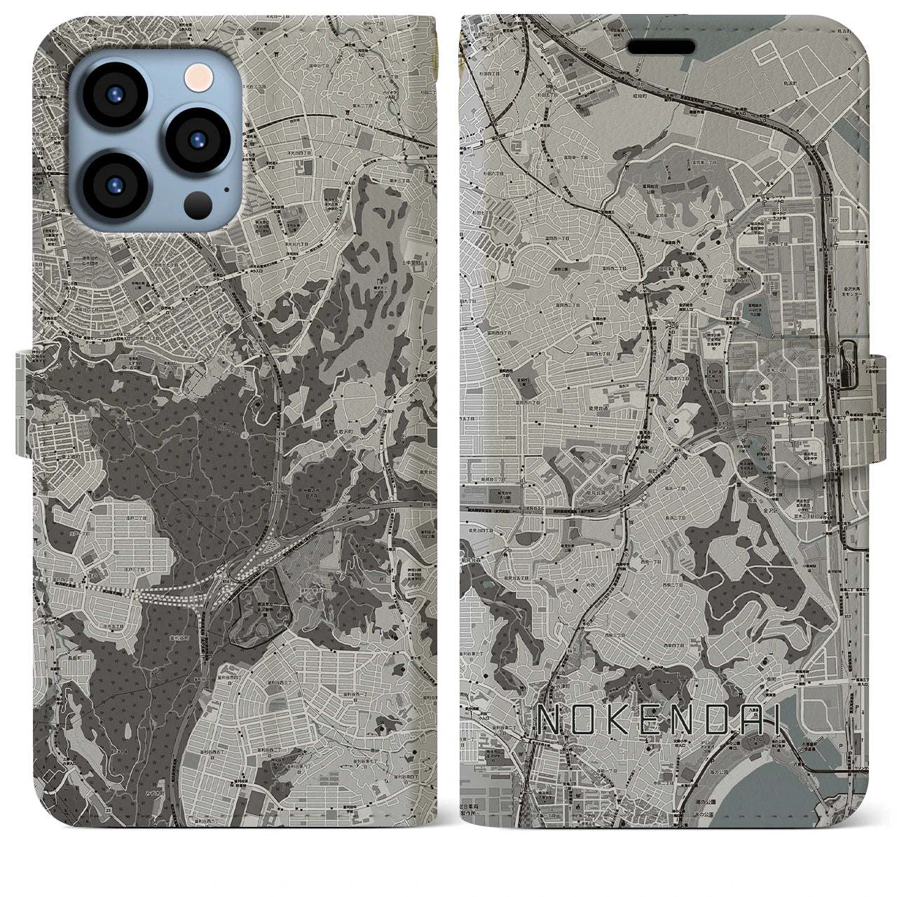 【能見台(神奈川県)】地図柄iPhoneケース(手帳タイプ)モノトーン・iPhone 13 Pro Max 用