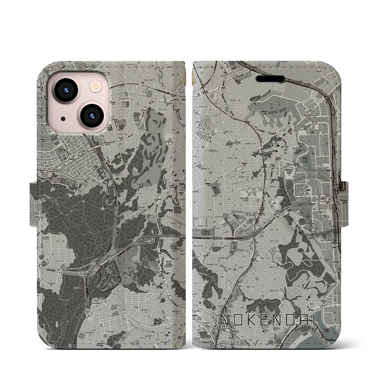 【能見台(神奈川県)】地図柄iPhoneケース(手帳タイプ)モノトーン・iPhone 13 mini 用