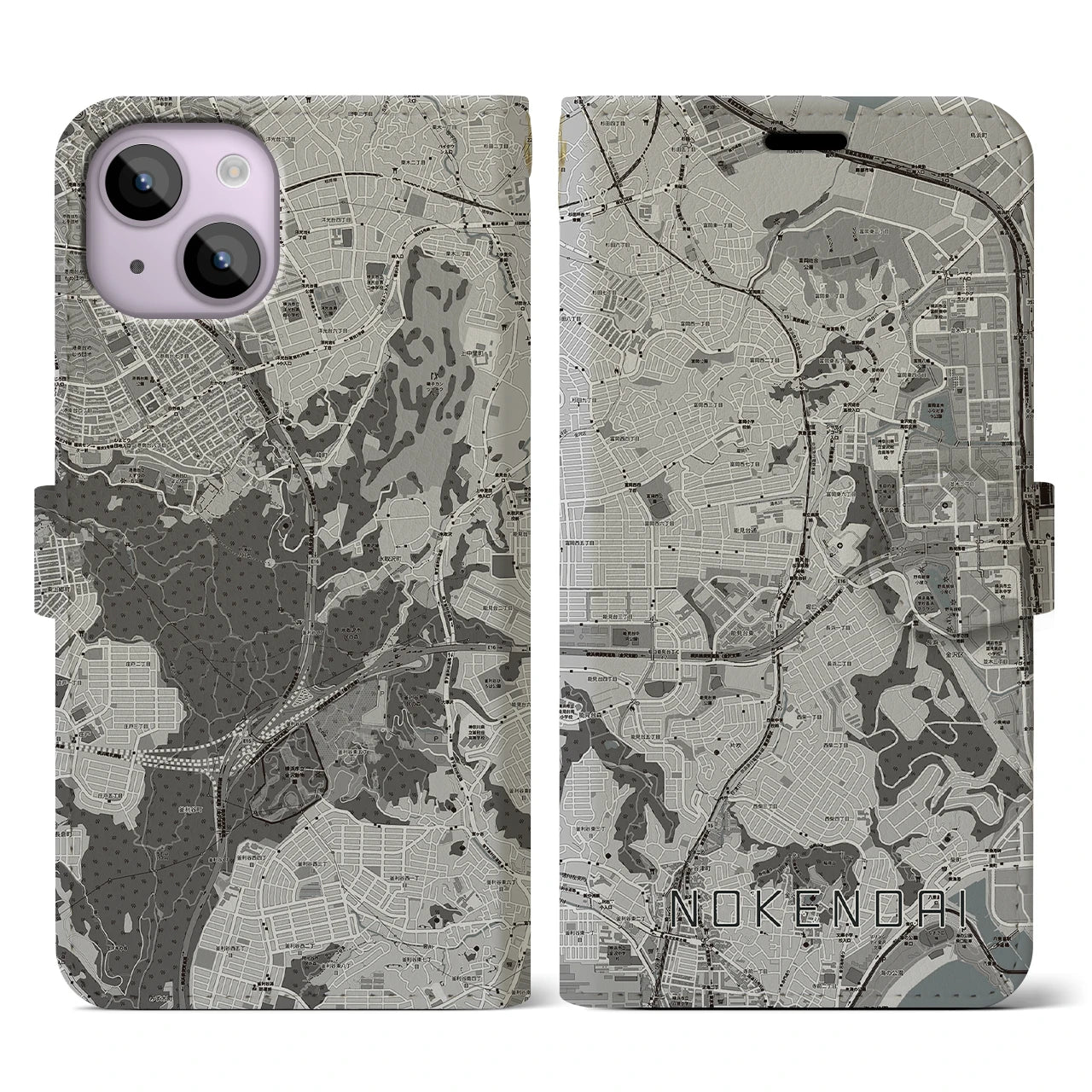 【能見台(神奈川県)】地図柄iPhoneケース(手帳タイプ)モノトーン・iPhone 14 用