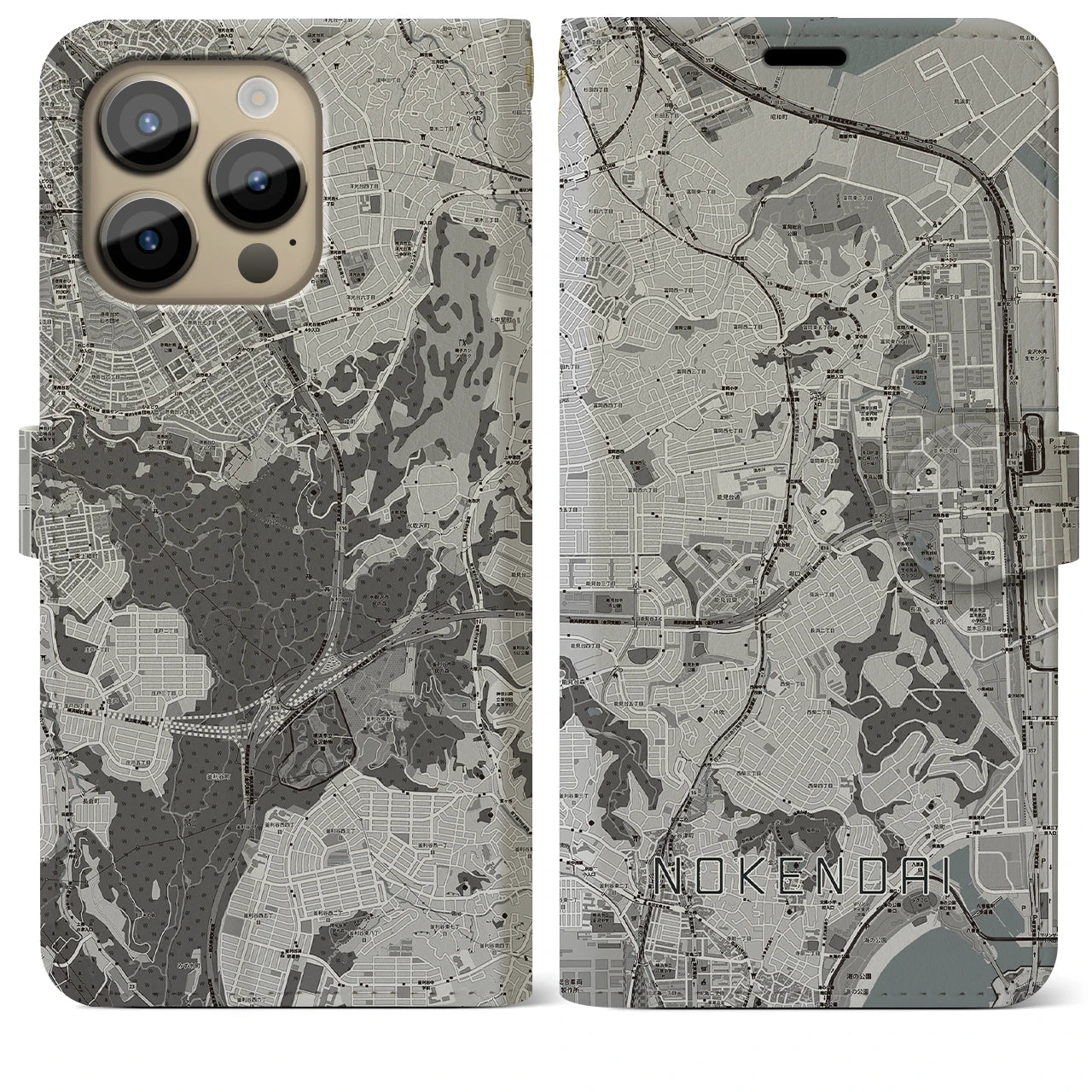 【能見台(神奈川県)】地図柄iPhoneケース(手帳タイプ)モノトーン・iPhone 14 Pro Max 用