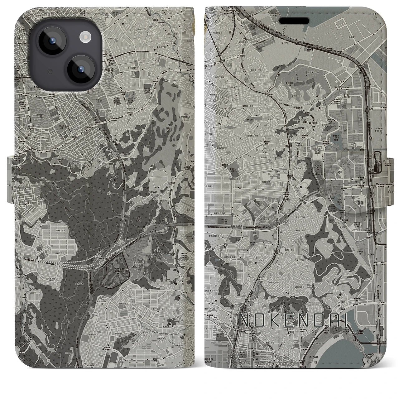 【能見台(神奈川県)】地図柄iPhoneケース(手帳タイプ)モノトーン・iPhone 14 Plus 用