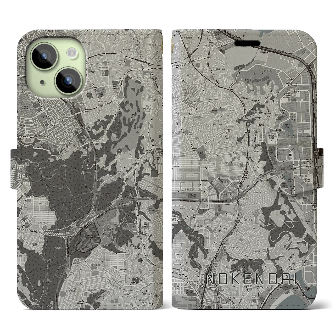 【能見台(神奈川県)】地図柄iPhoneケース(手帳タイプ)モノトーン・iPhone 15 用