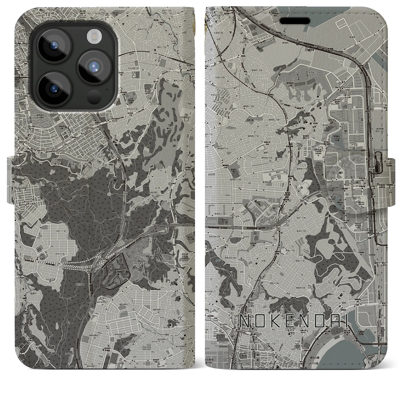 【能見台(神奈川県)】地図柄iPhoneケース(手帳タイプ)モノトーン・iPhone 15 Pro Max 用
