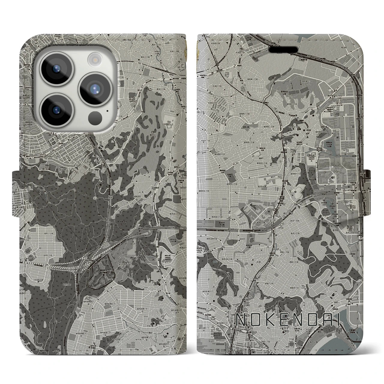 【能見台(神奈川県)】地図柄iPhoneケース(手帳タイプ)モノトーン・iPhone 15 Pro 用