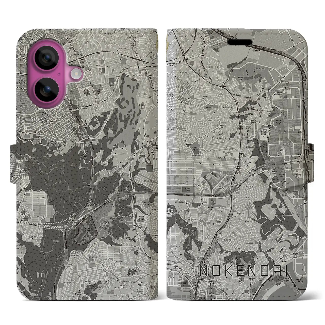 【能見台(神奈川県)】地図柄iPhoneケース(手帳タイプ)モノトーン・iPhone 16 Pro 用