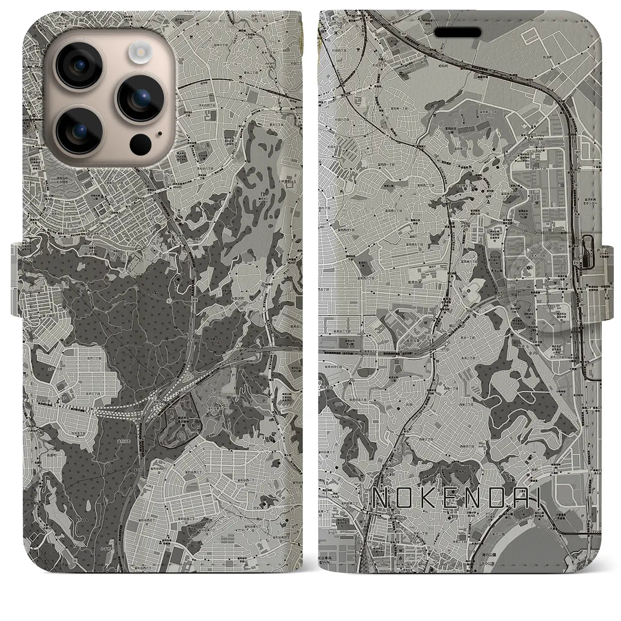 【能見台(神奈川県)】地図柄iPhoneケース(手帳タイプ)モノトーン・iPhone 16 Plus 用