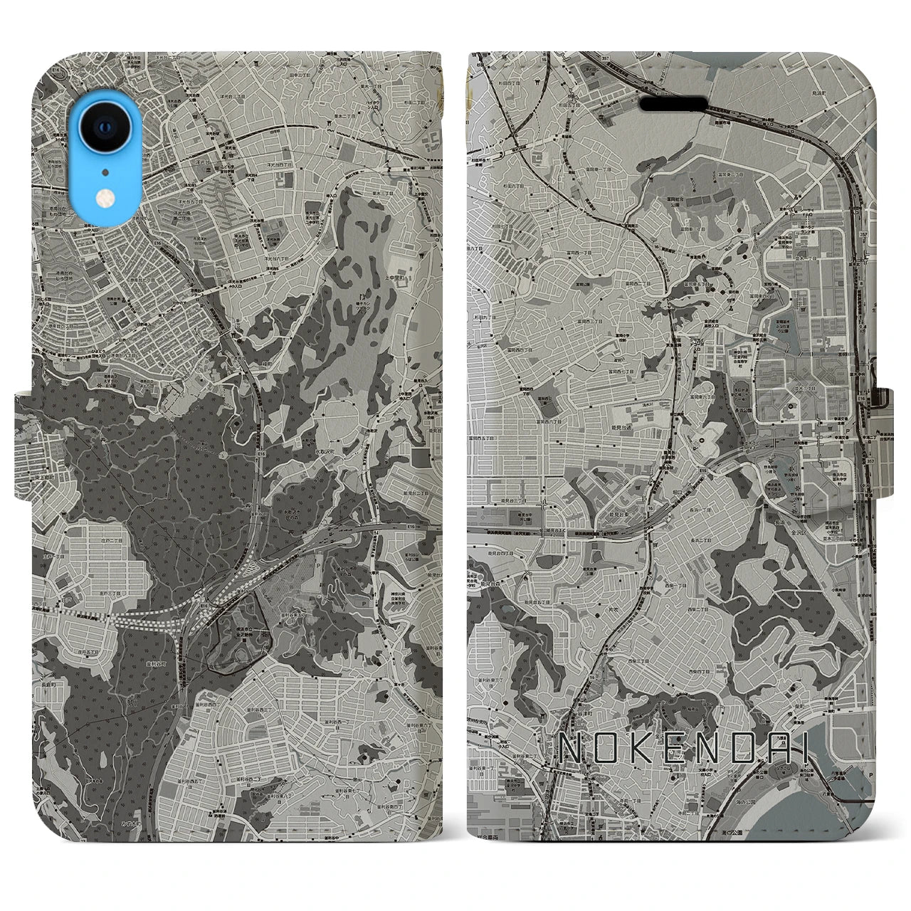 【能見台(神奈川県)】地図柄iPhoneケース(手帳タイプ)モノトーン・iPhone XR 用