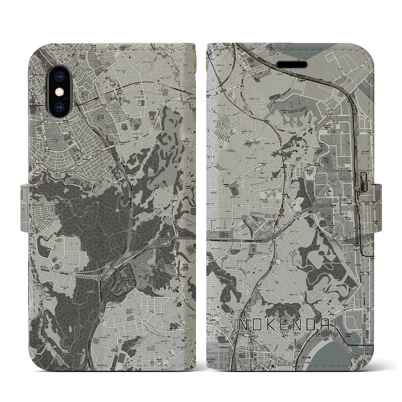 【能見台(神奈川県)】地図柄iPhoneケース(手帳タイプ)モノトーン・iPhone XS / X 用