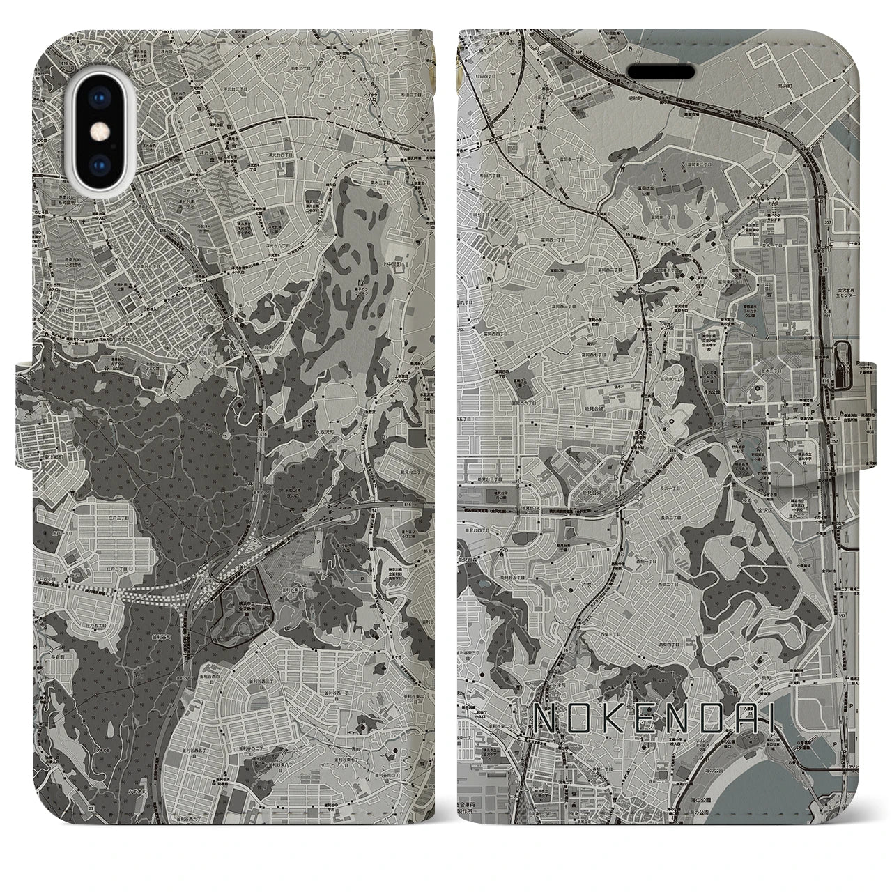 【能見台(神奈川県)】地図柄iPhoneケース(手帳タイプ)モノトーン・iPhone XS Max 用