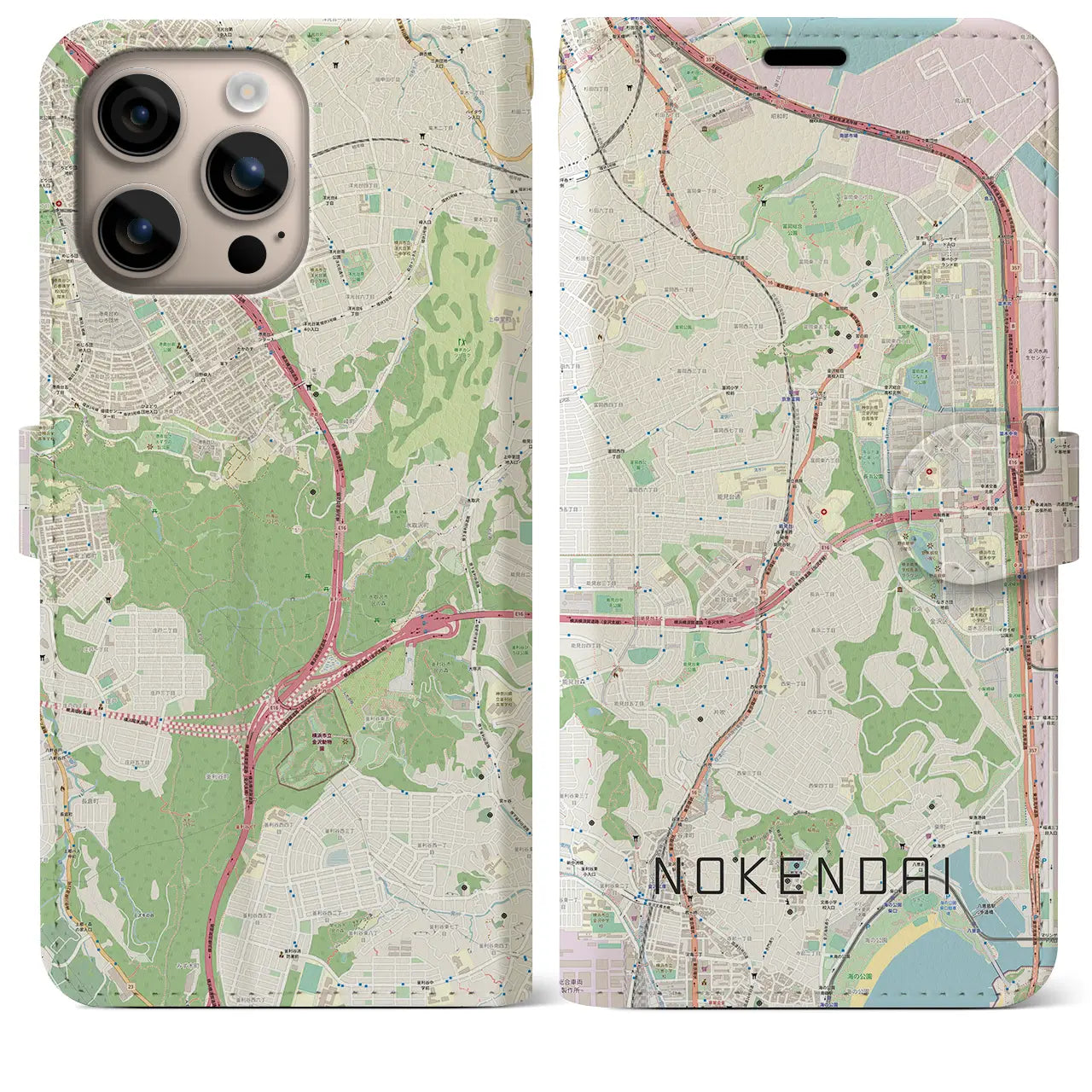 【能見台(神奈川県)】地図柄iPhoneケース(手帳タイプ)ナチュラル・iPhone 16 Plus 用