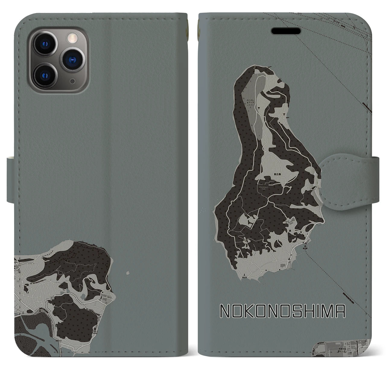 【能古島(福岡県)】地図柄iPhoneケース(手帳タイプ)モノトーン・iPhone 11 Pro Max 用