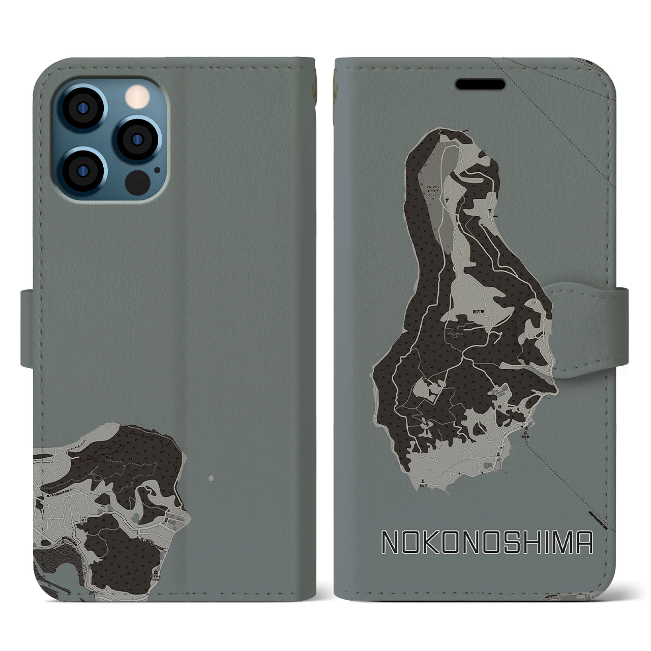 【能古島(福岡県)】地図柄iPhoneケース(手帳タイプ)モノトーン・iPhone 12 / 12 Pro 用