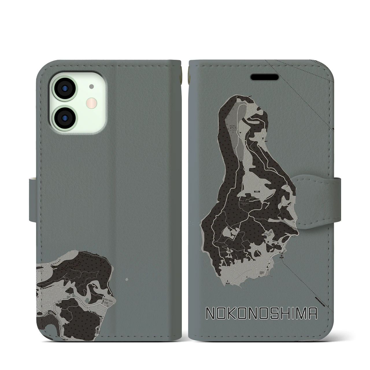 【能古島(福岡県)】地図柄iPhoneケース(手帳タイプ)モノトーン・iPhone 12 mini 用
