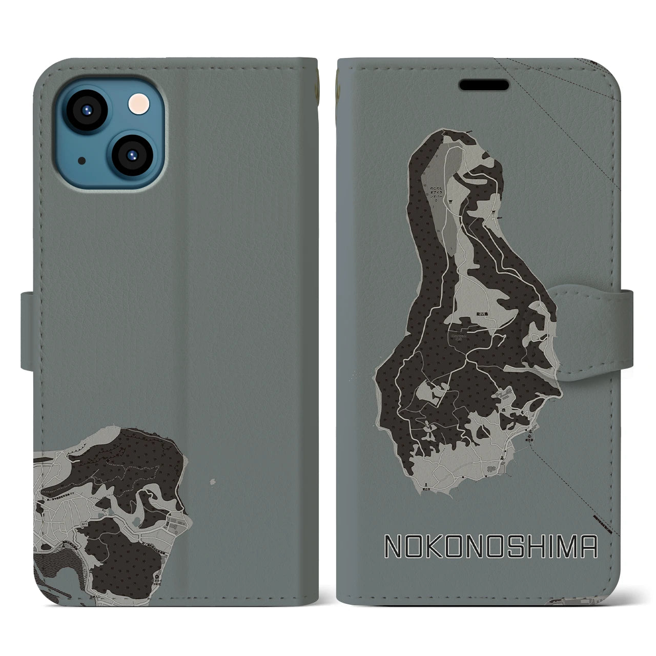 【能古島(福岡県)】地図柄iPhoneケース(手帳タイプ)モノトーン・iPhone 13 用