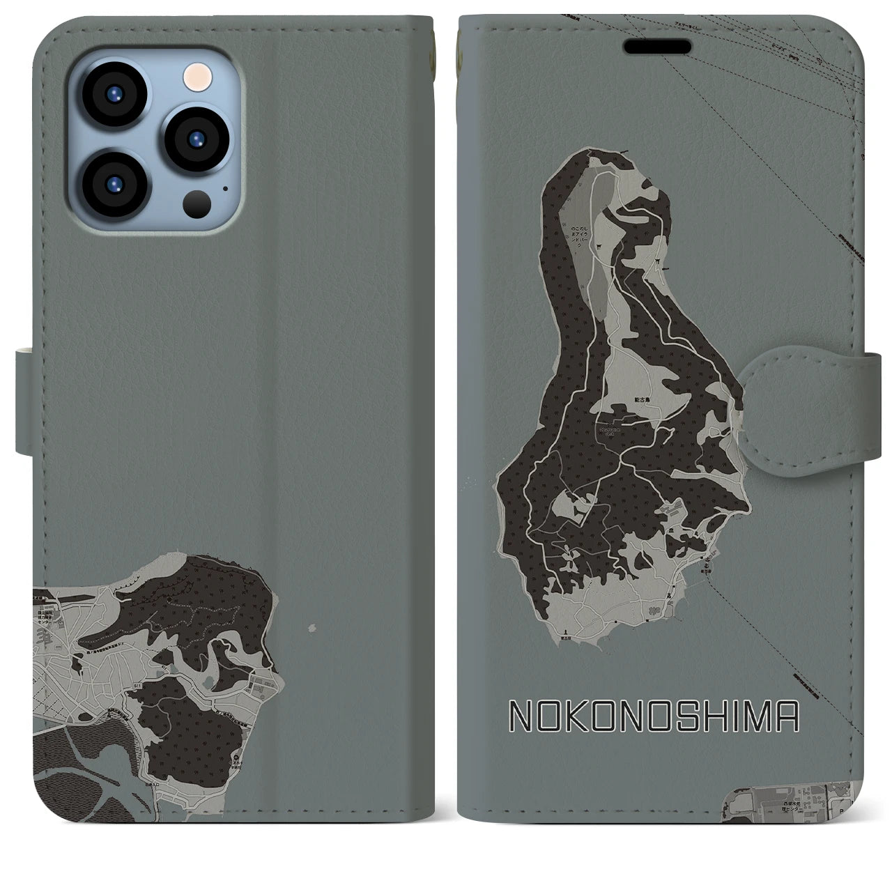 【能古島(福岡県)】地図柄iPhoneケース(手帳タイプ)モノトーン・iPhone 13 Pro Max 用