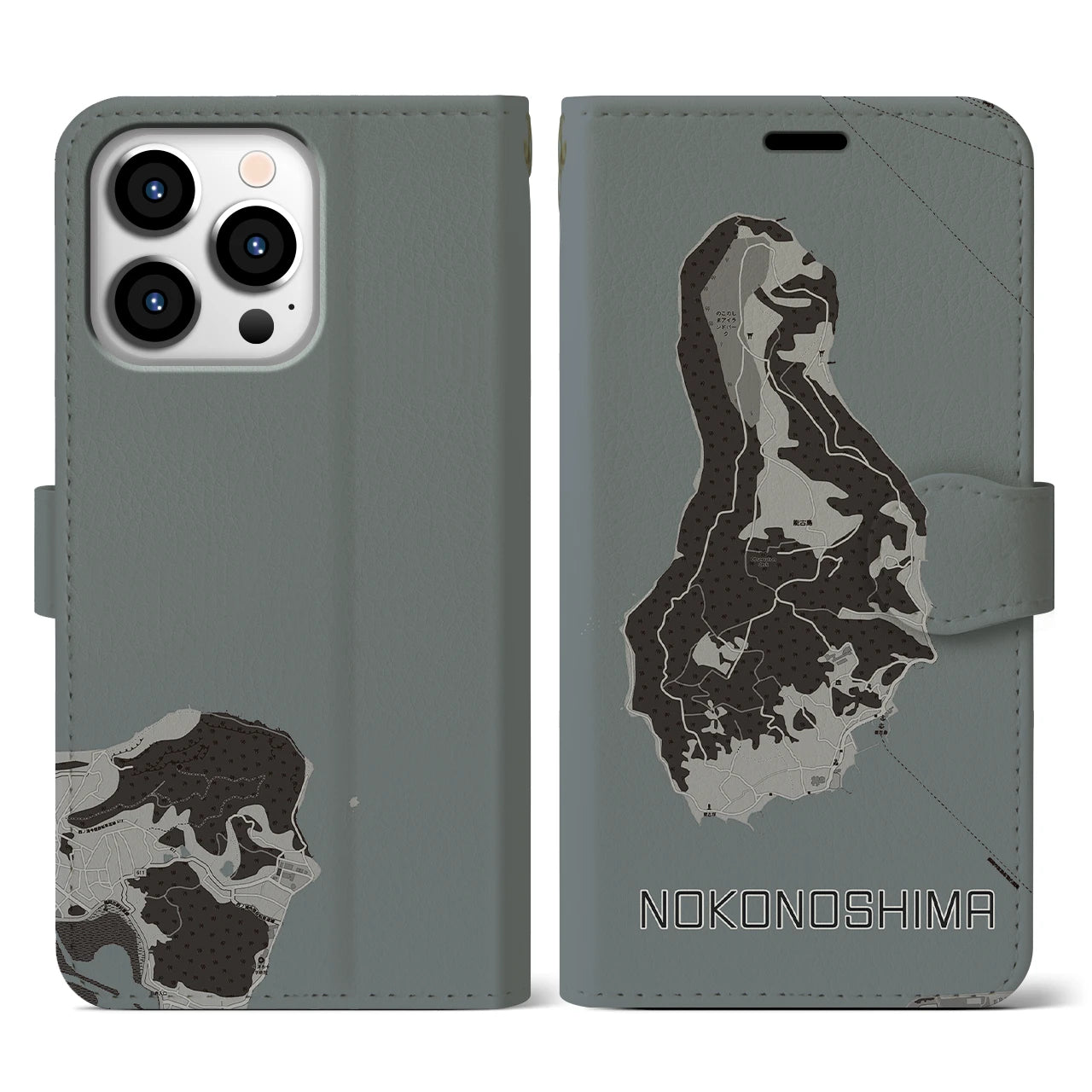 【能古島(福岡県)】地図柄iPhoneケース(手帳タイプ)モノトーン・iPhone 13 Pro 用