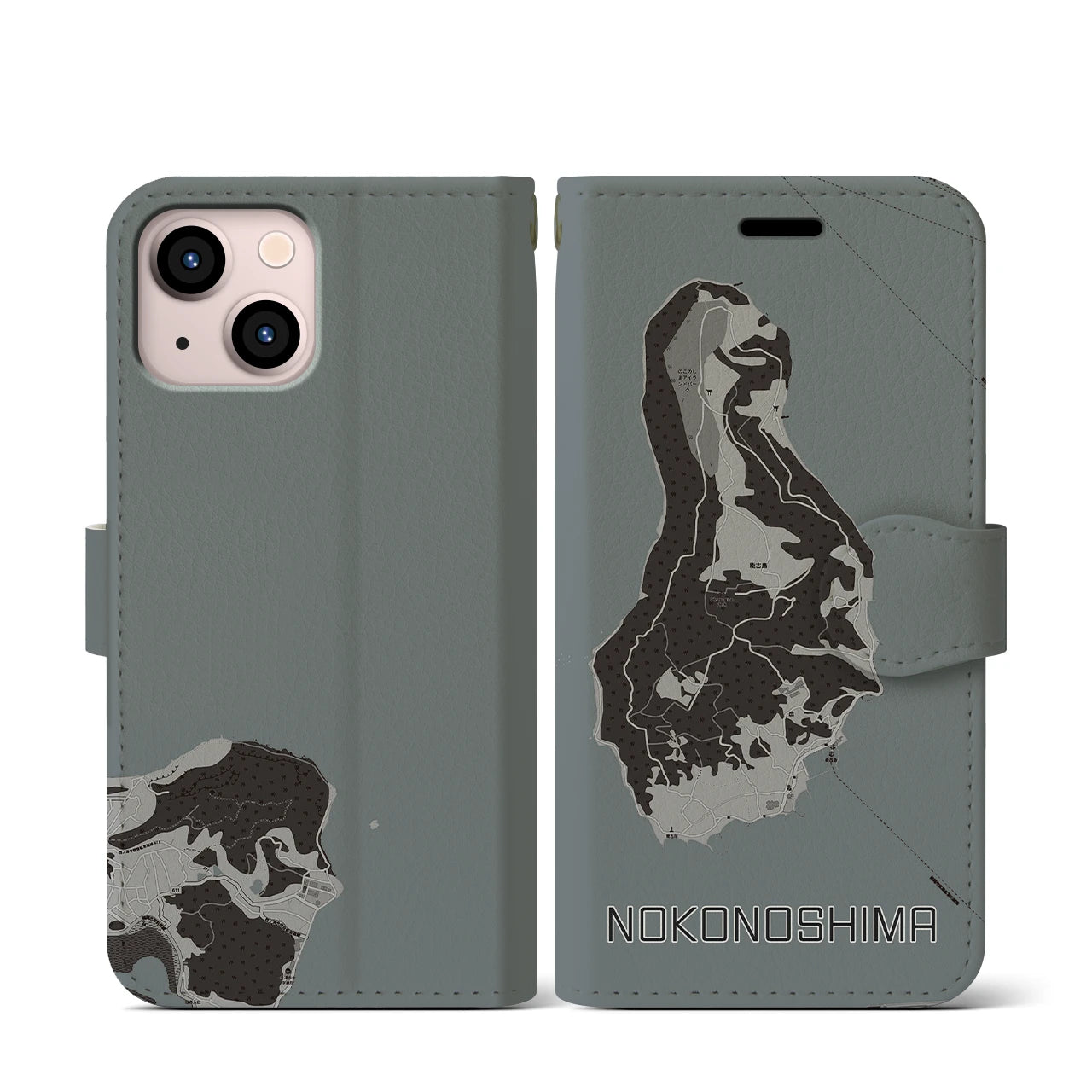【能古島(福岡県)】地図柄iPhoneケース(手帳タイプ)モノトーン・iPhone 13 mini 用