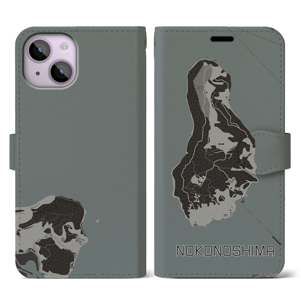 【能古島(福岡県)】地図柄iPhoneケース(手帳タイプ)モノトーン・iPhone 14 用