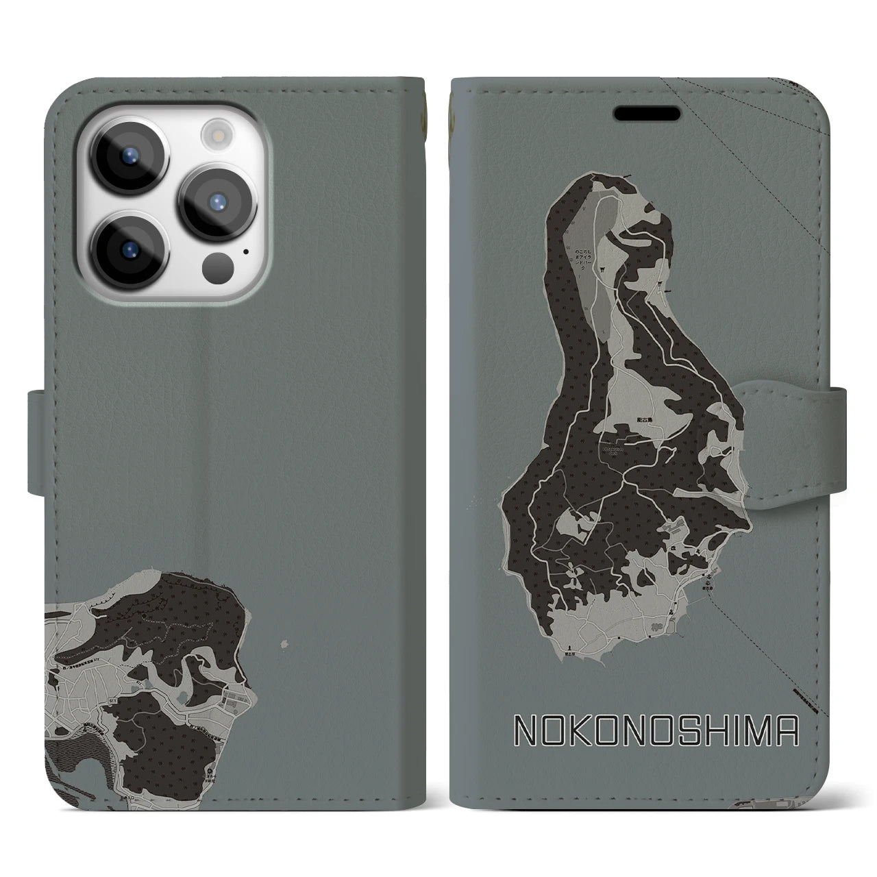 【能古島(福岡県)】地図柄iPhoneケース(手帳タイプ)モノトーン・iPhone 14 Pro 用