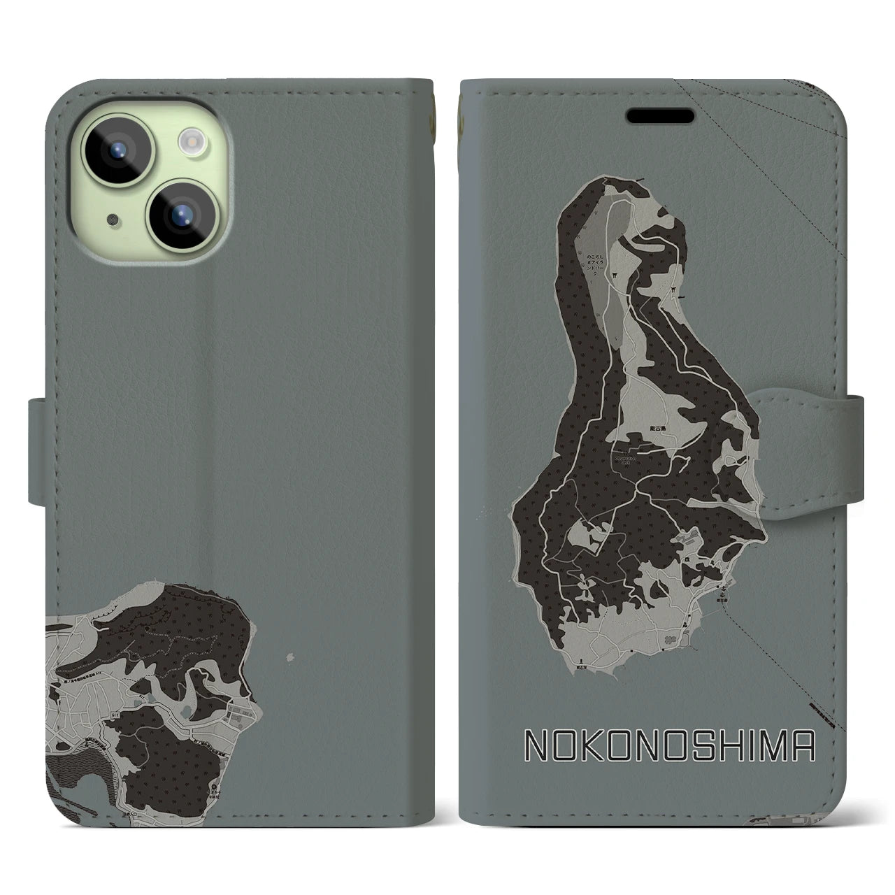 【能古島(福岡県)】地図柄iPhoneケース(手帳タイプ)モノトーン・iPhone 15 用