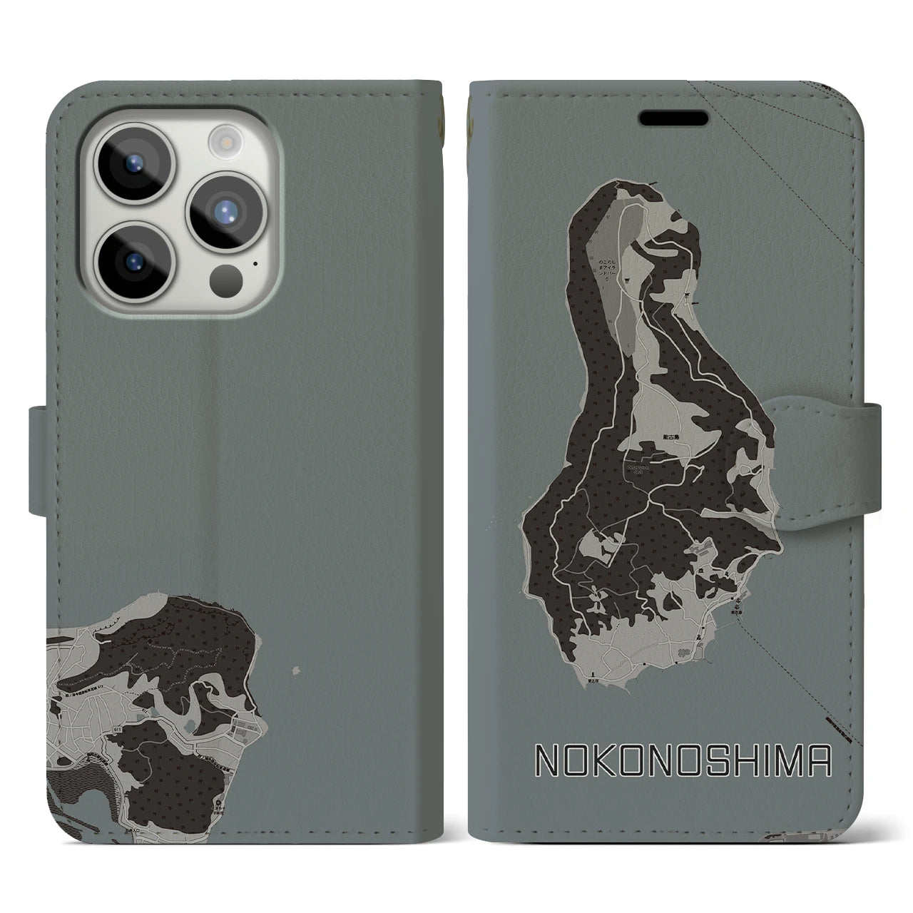 【能古島(福岡県)】地図柄iPhoneケース(手帳タイプ)モノトーン・iPhone 15 Pro 用