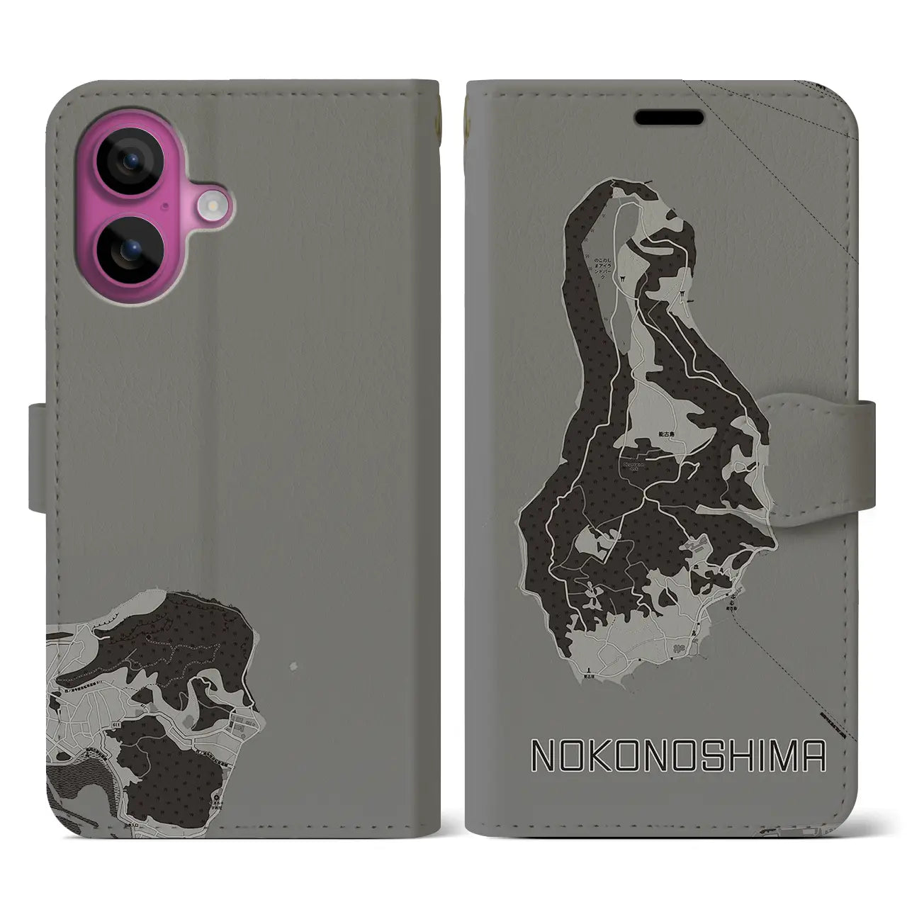 【能古島(福岡県)】地図柄iPhoneケース(手帳タイプ)モノトーン・iPhone 16 Pro 用