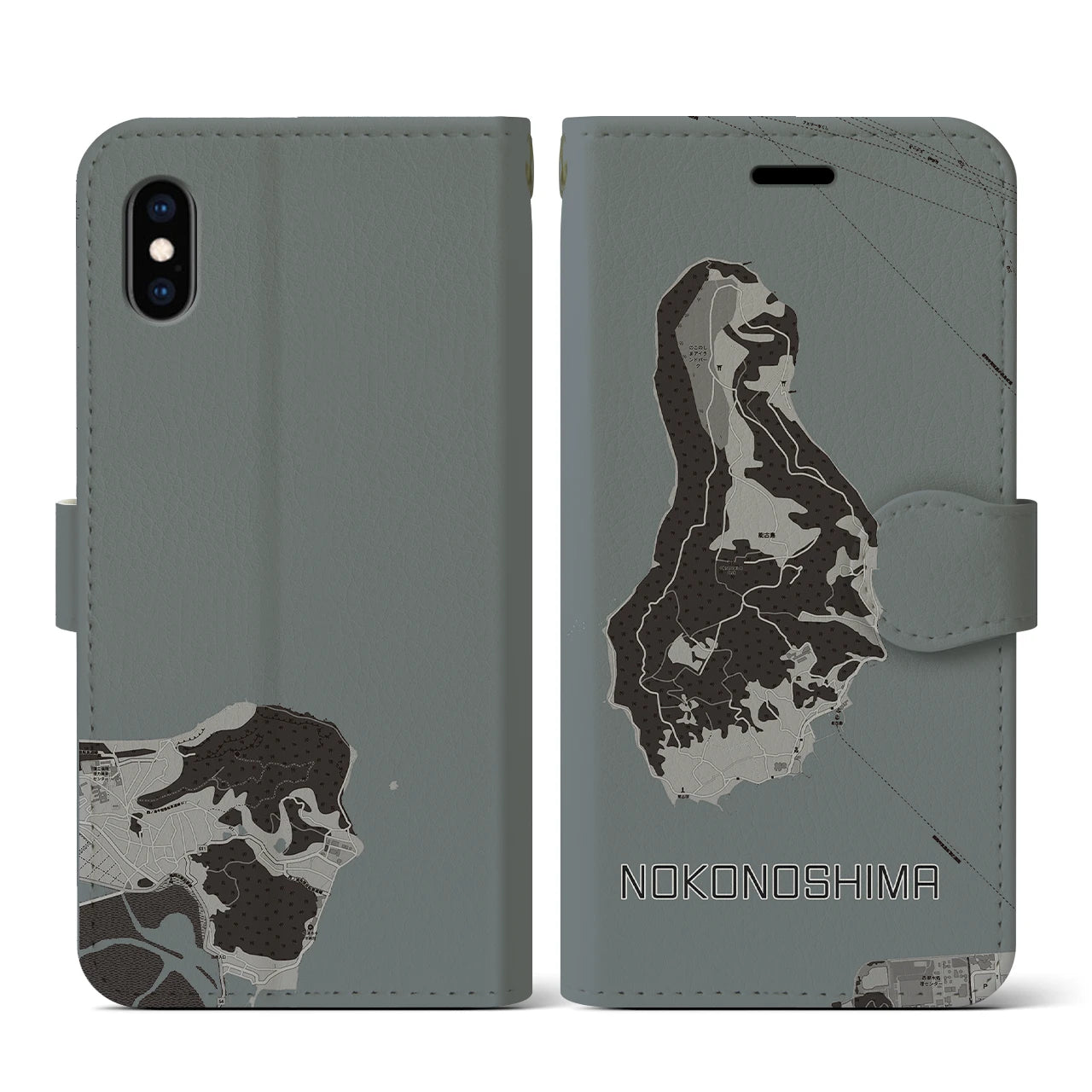 【能古島(福岡県)】地図柄iPhoneケース(手帳タイプ)モノトーン・iPhone XS / X 用