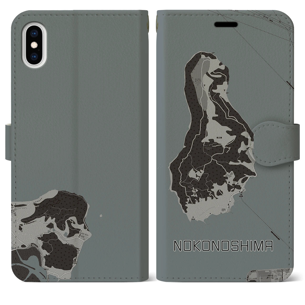 【能古島(福岡県)】地図柄iPhoneケース(手帳タイプ)モノトーン・iPhone XS Max 用