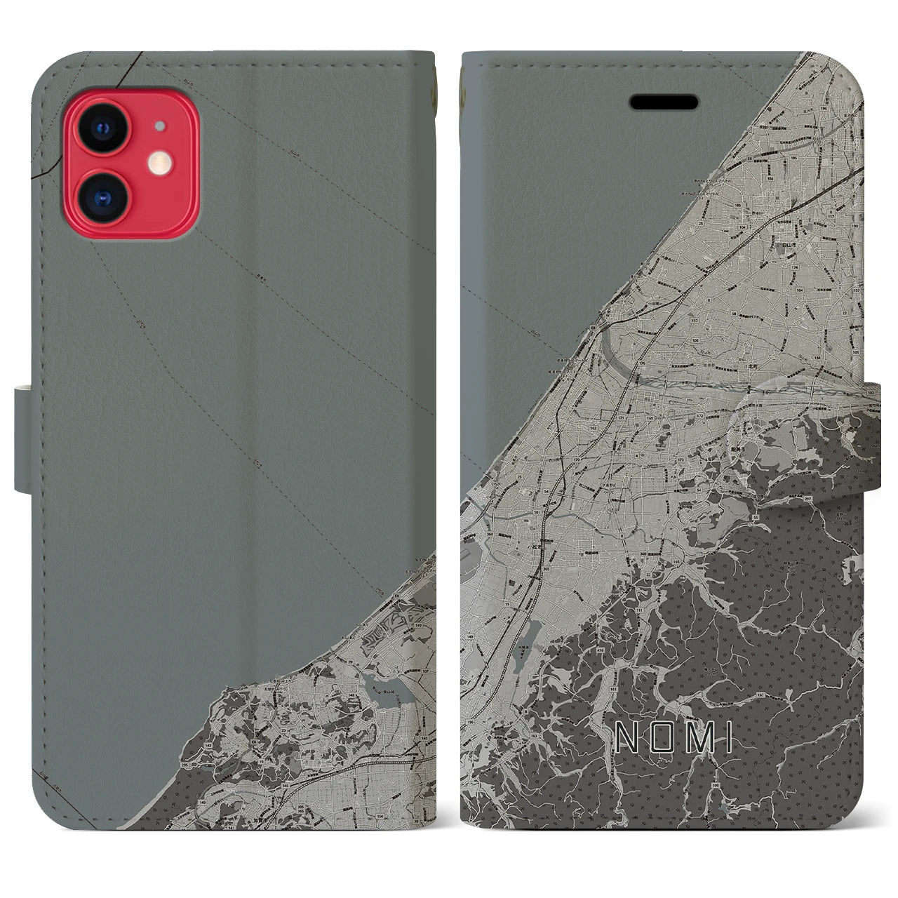 【能美(石川県)】地図柄iPhoneケース(手帳タイプ)モノトーン・iPhone 11 用