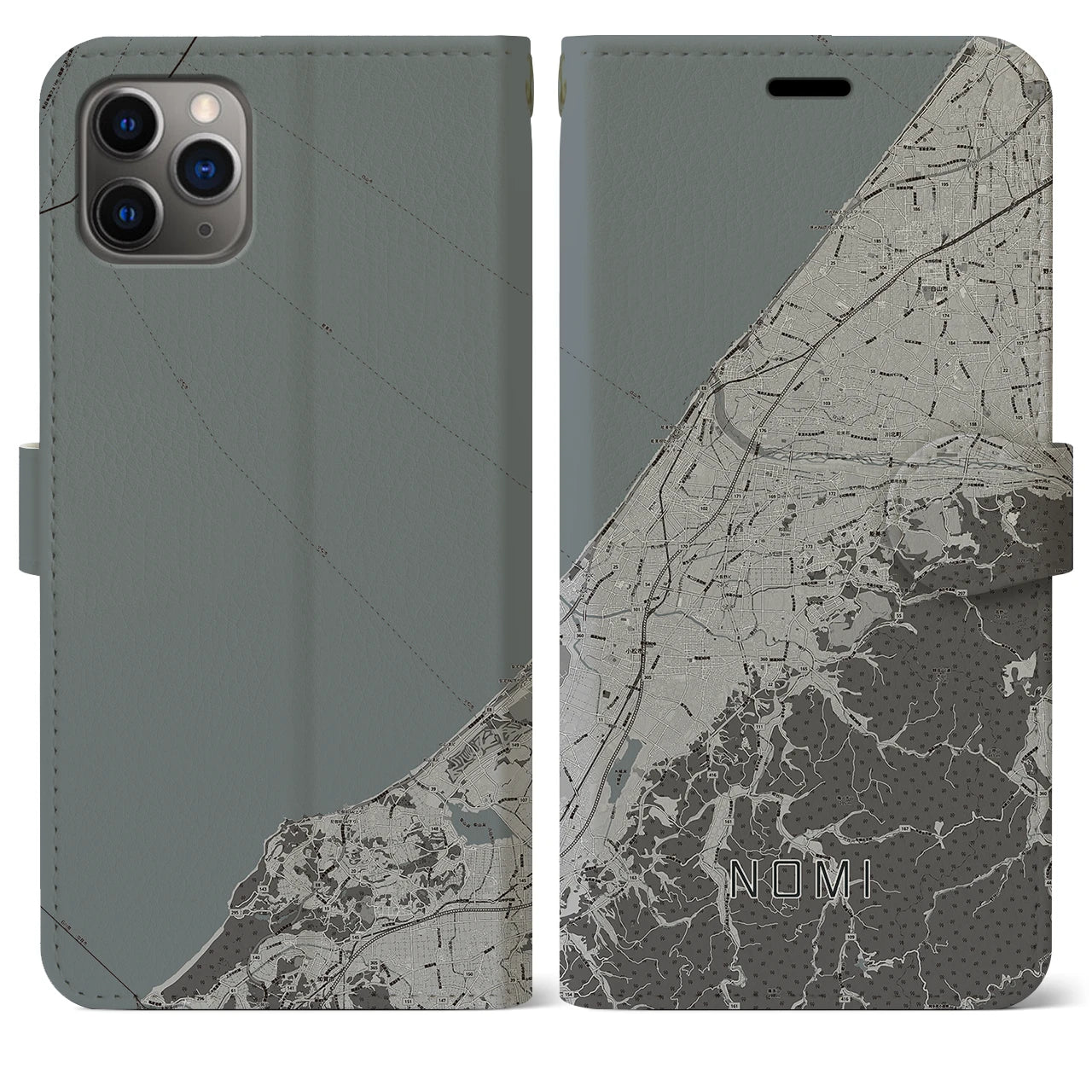 【能美(石川県)】地図柄iPhoneケース(手帳タイプ)モノトーン・iPhone 11 Pro Max 用
