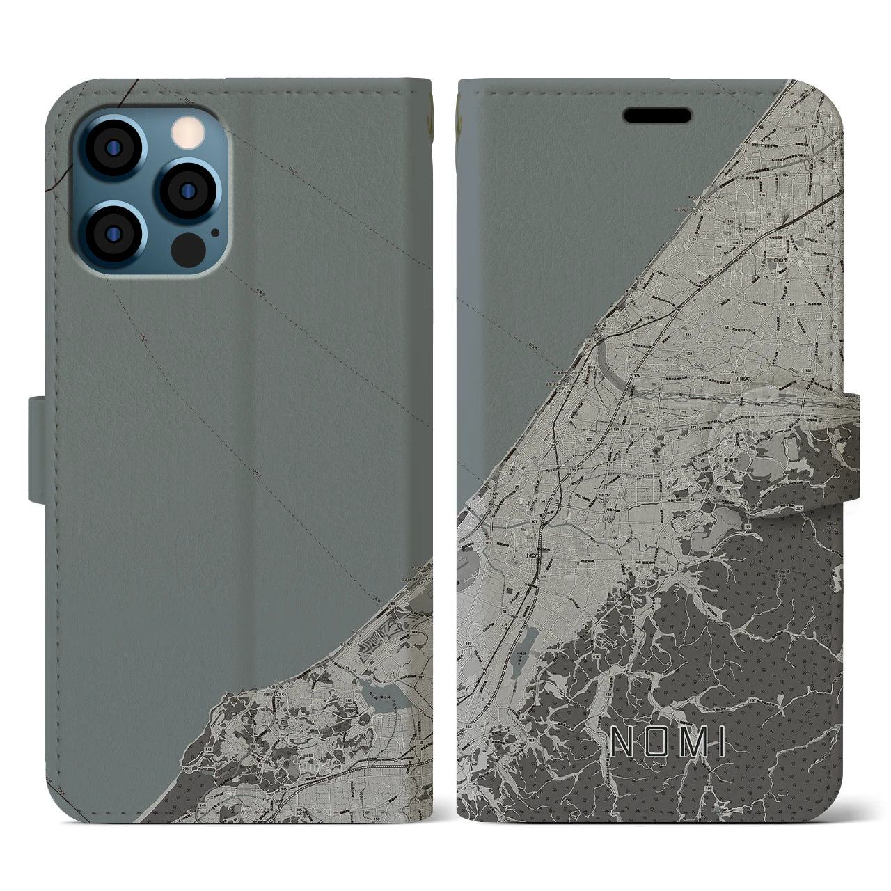 【能美(石川県)】地図柄iPhoneケース(手帳タイプ)モノトーン・iPhone 12 / 12 Pro 用
