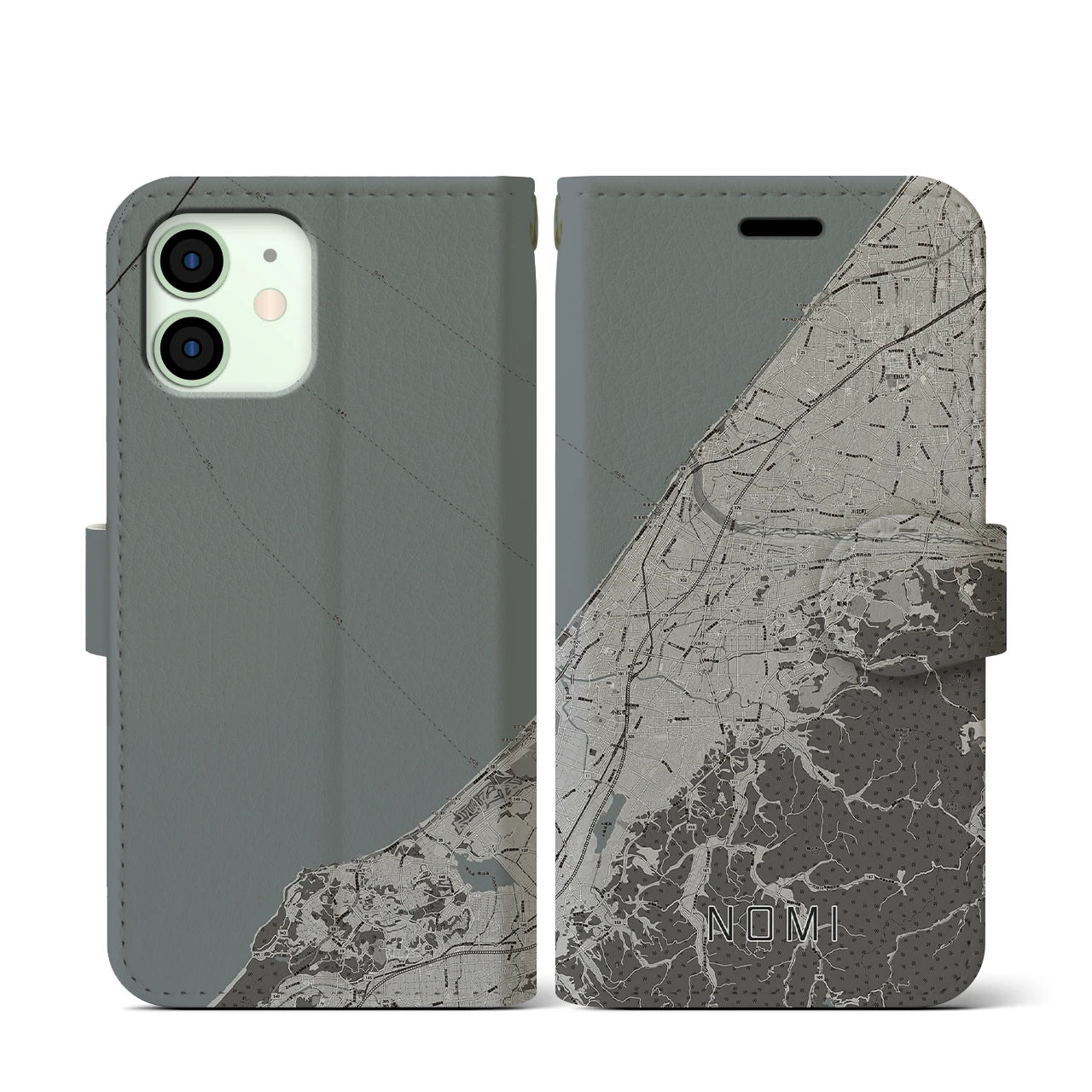 【能美(石川県)】地図柄iPhoneケース(手帳タイプ)モノトーン・iPhone 12 mini 用