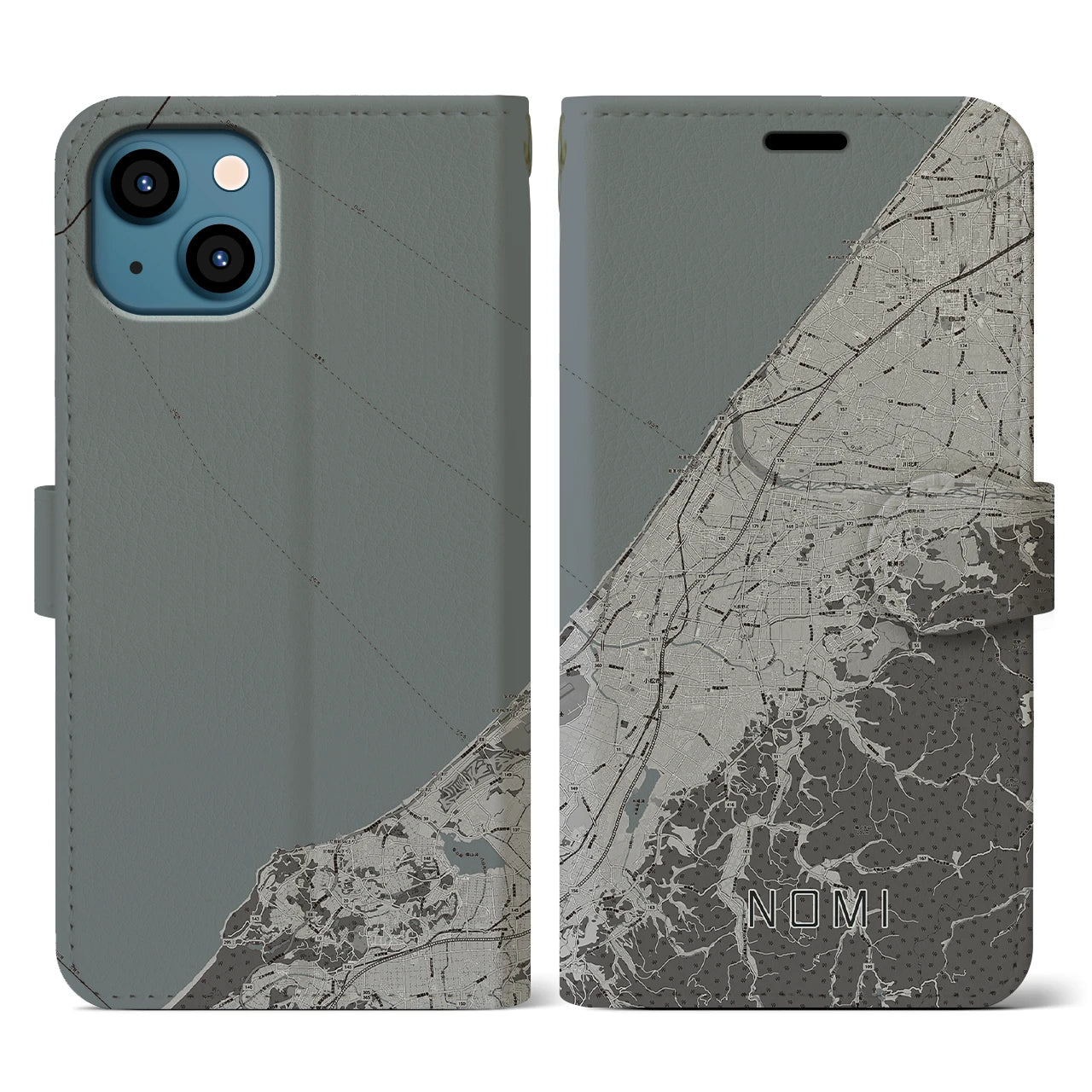 【能美(石川県)】地図柄iPhoneケース(手帳タイプ)モノトーン・iPhone 13 用