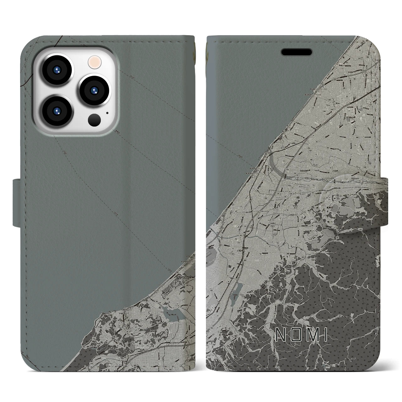 【能美(石川県)】地図柄iPhoneケース(手帳タイプ)モノトーン・iPhone 13 Pro 用