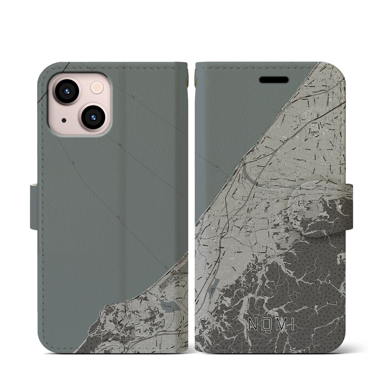 【能美(石川県)】地図柄iPhoneケース(手帳タイプ)モノトーン・iPhone 13 mini 用
