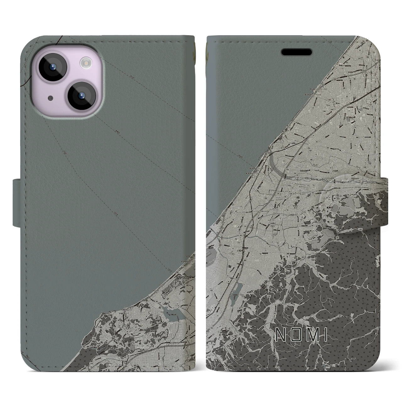 【能美(石川県)】地図柄iPhoneケース(手帳タイプ)モノトーン・iPhone 14 用
