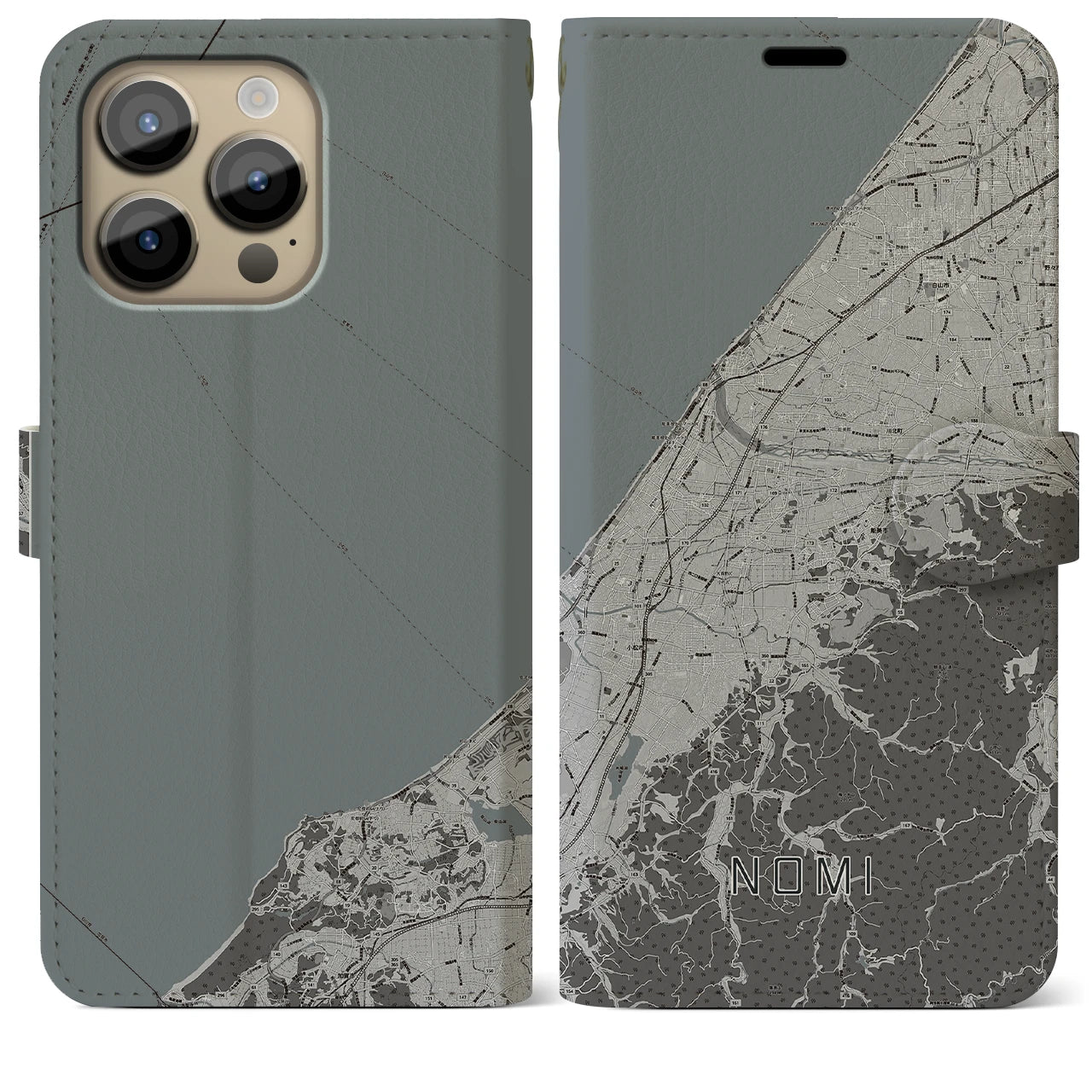 【能美(石川県)】地図柄iPhoneケース(手帳タイプ)モノトーン・iPhone 14 Pro Max 用
