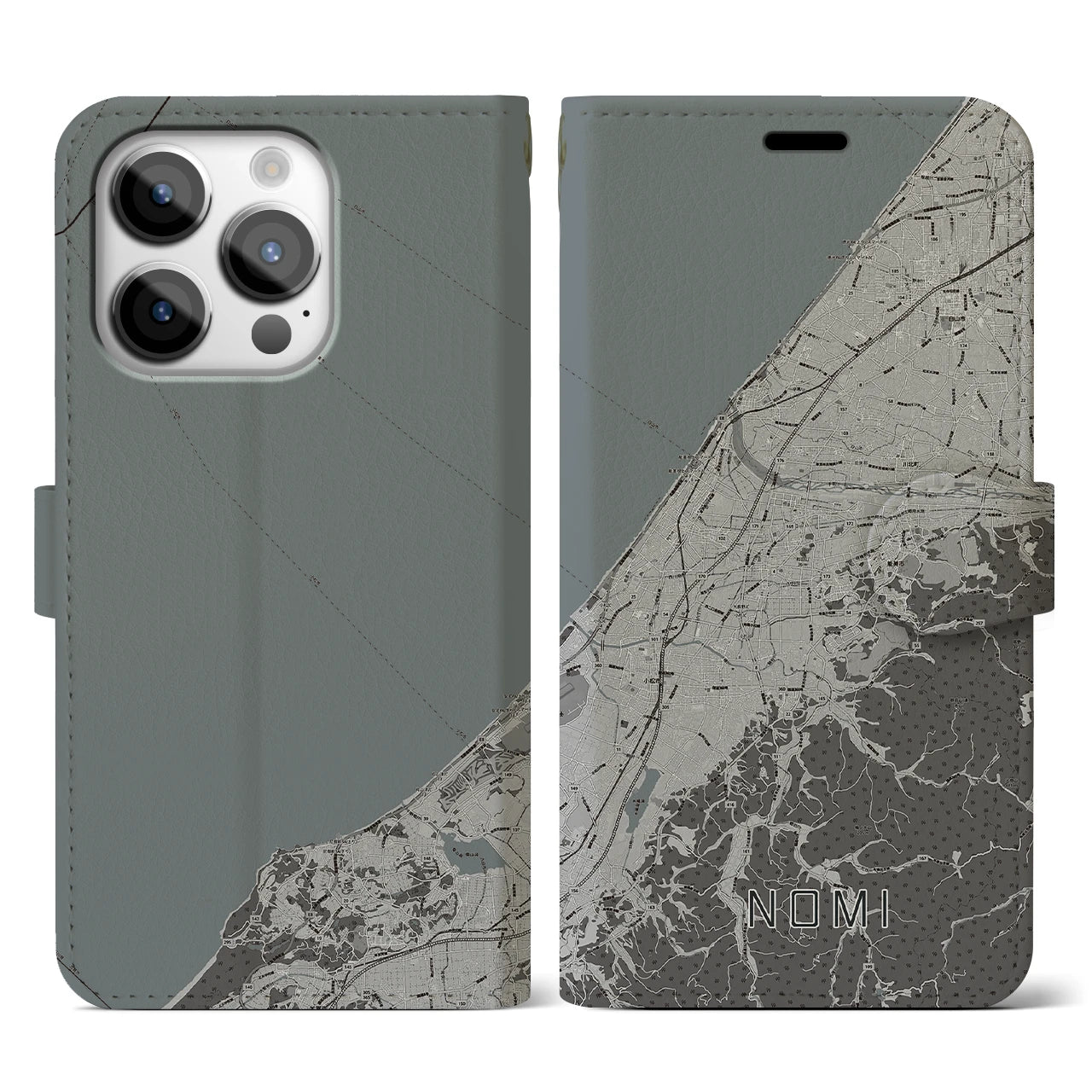 【能美(石川県)】地図柄iPhoneケース(手帳タイプ)モノトーン・iPhone 14 Pro 用