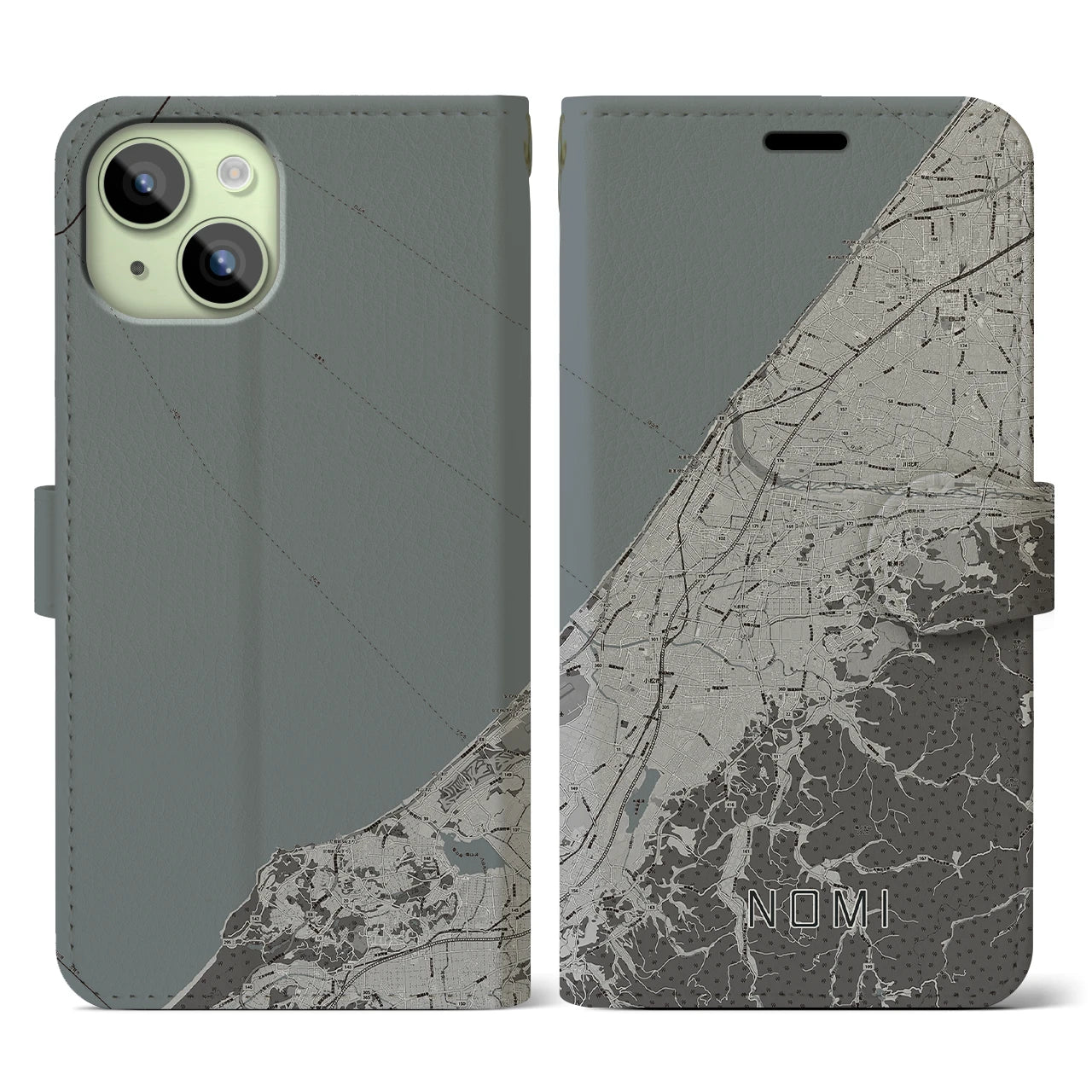 【能美(石川県)】地図柄iPhoneケース(手帳タイプ)モノトーン・iPhone 15 用