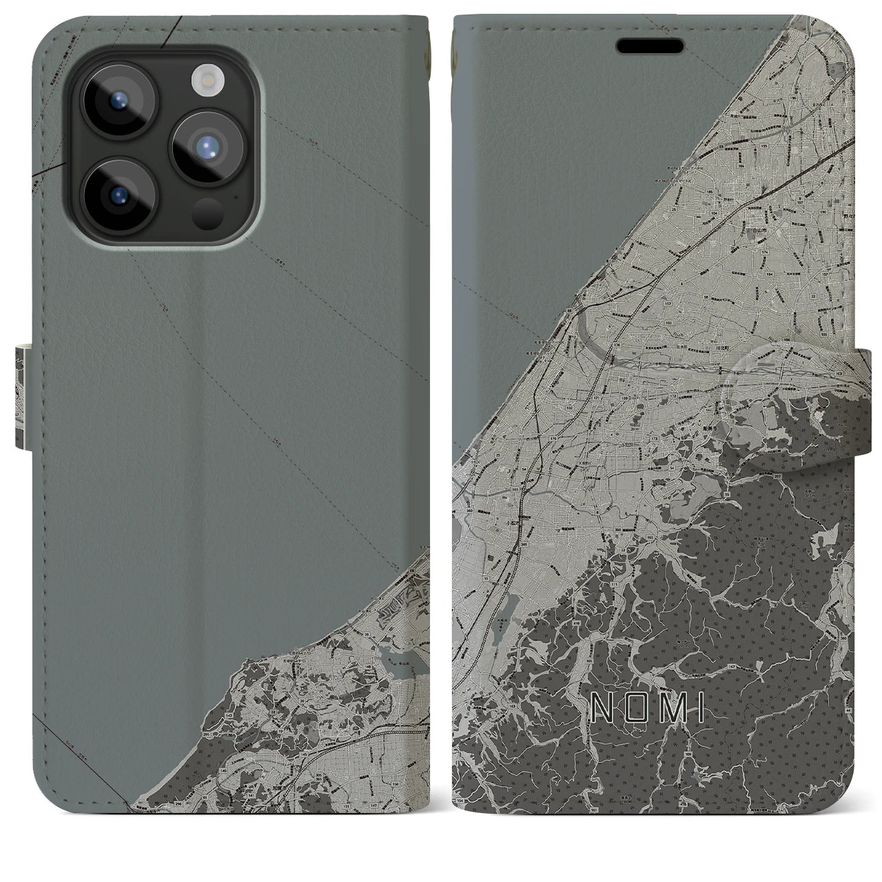 【能美(石川県)】地図柄iPhoneケース(手帳タイプ)モノトーン・iPhone 15 Pro Max 用