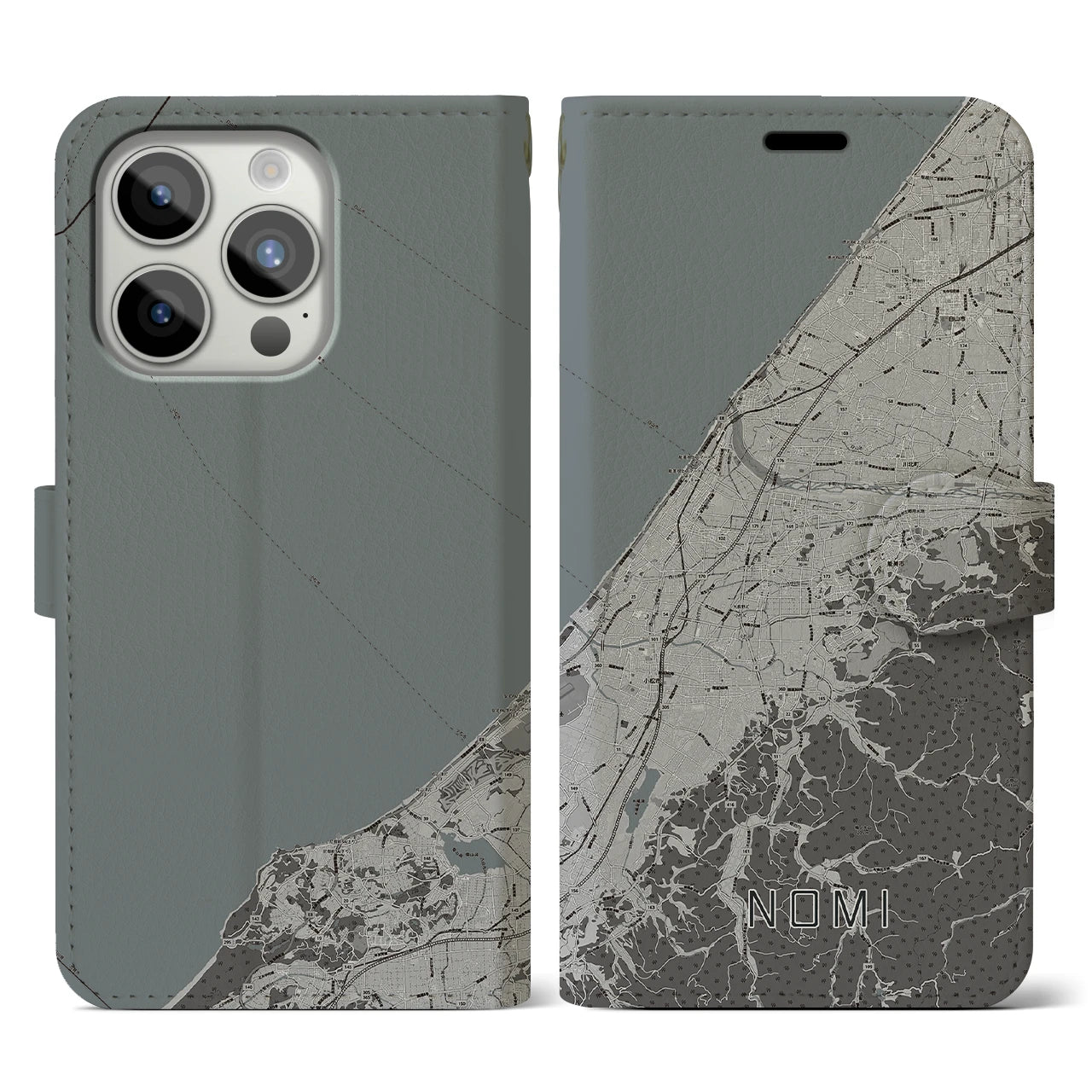 【能美(石川県)】地図柄iPhoneケース(手帳タイプ)モノトーン・iPhone 15 Pro 用