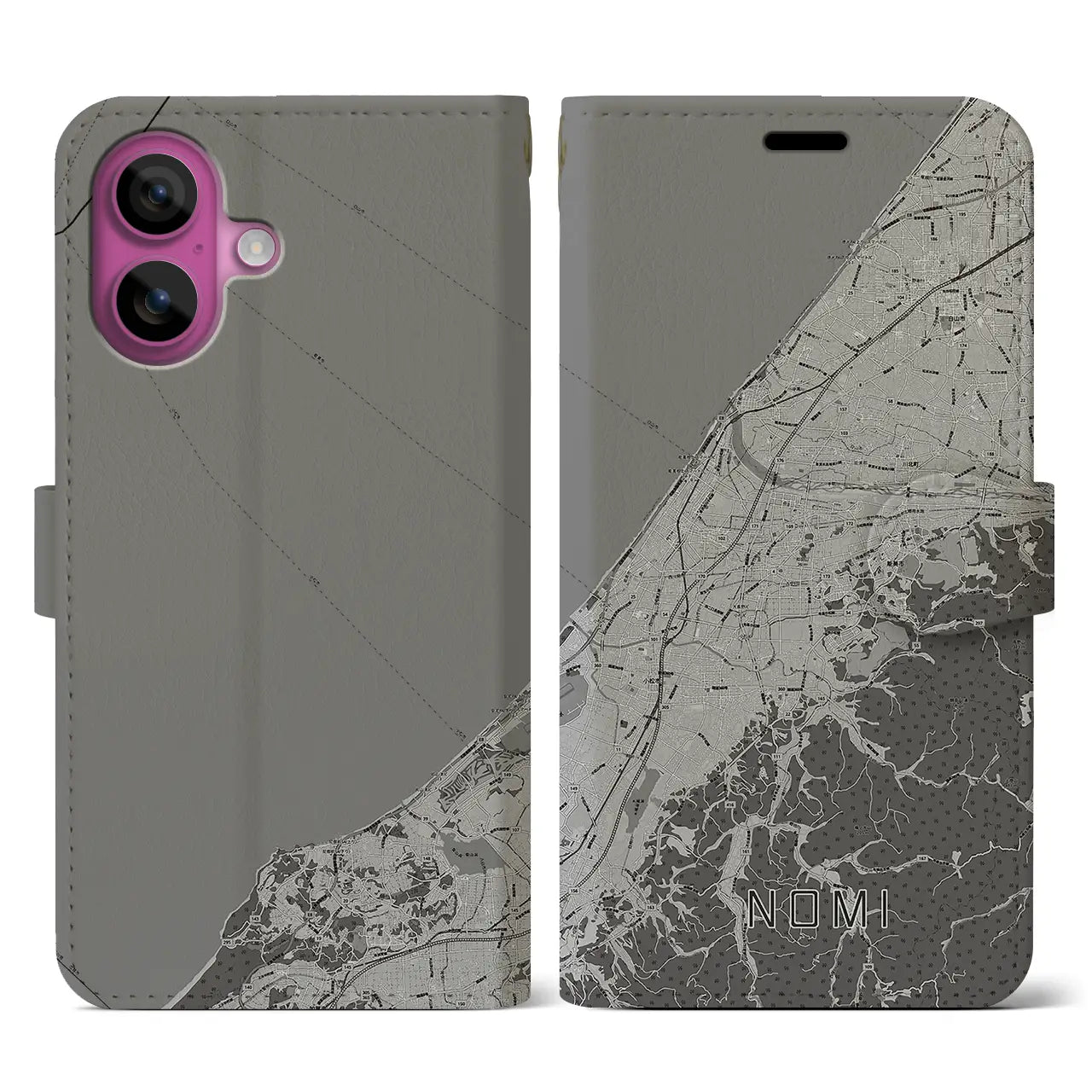 【能美(石川県)】地図柄iPhoneケース(手帳タイプ)モノトーン・iPhone 16 Pro 用