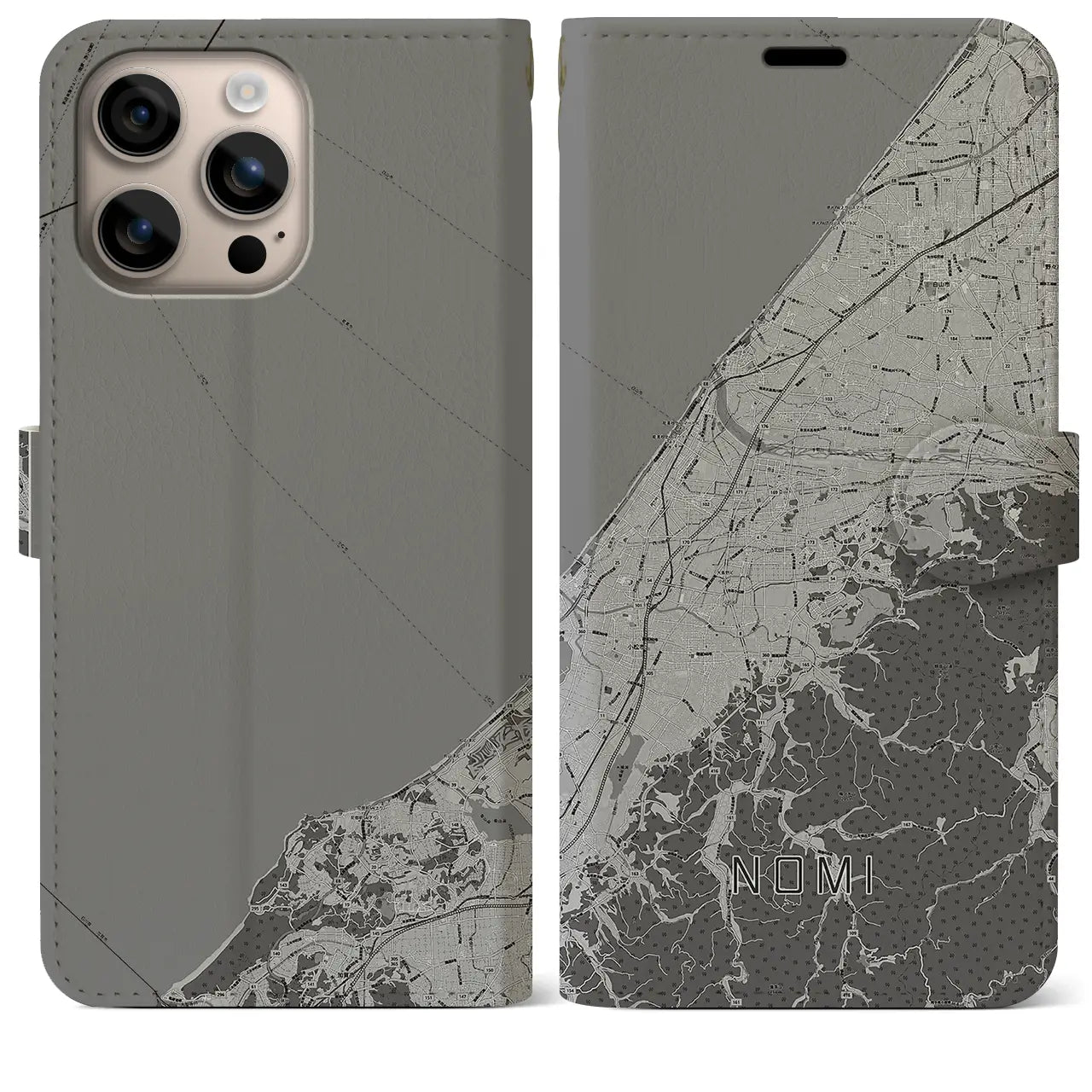 【能美(石川県)】地図柄iPhoneケース(手帳タイプ)モノトーン・iPhone 16 Plus 用