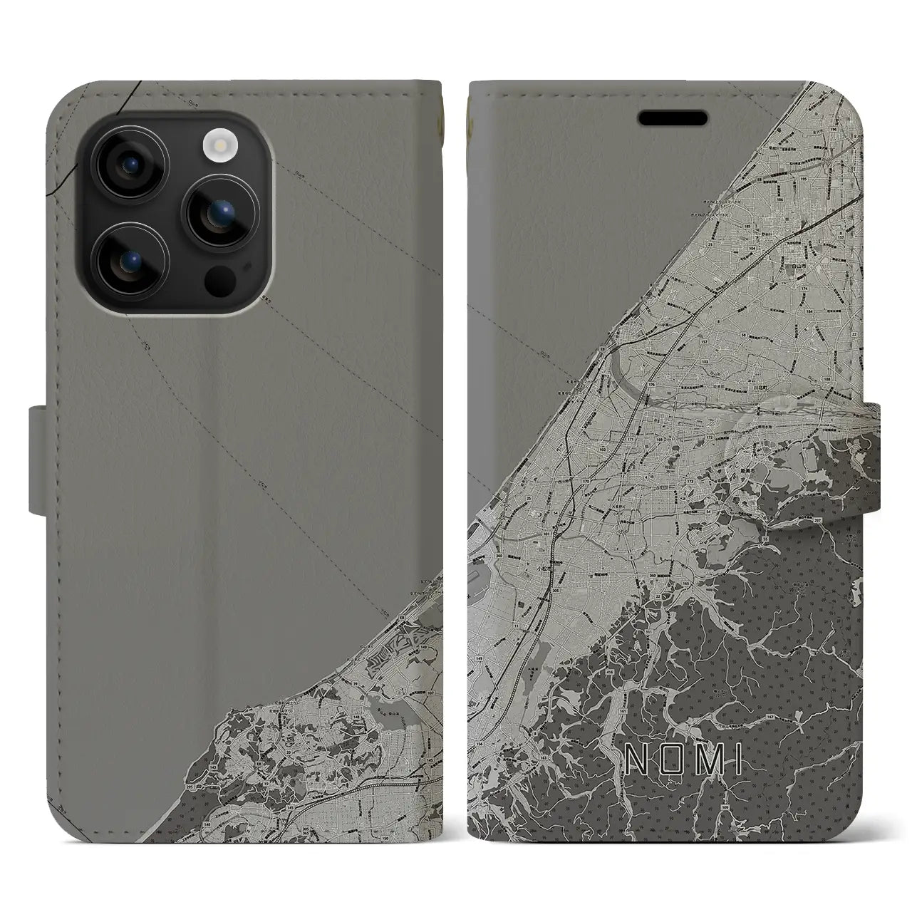 【能美(石川県)】地図柄iPhoneケース(手帳タイプ)モノトーン・iPhone 16 用