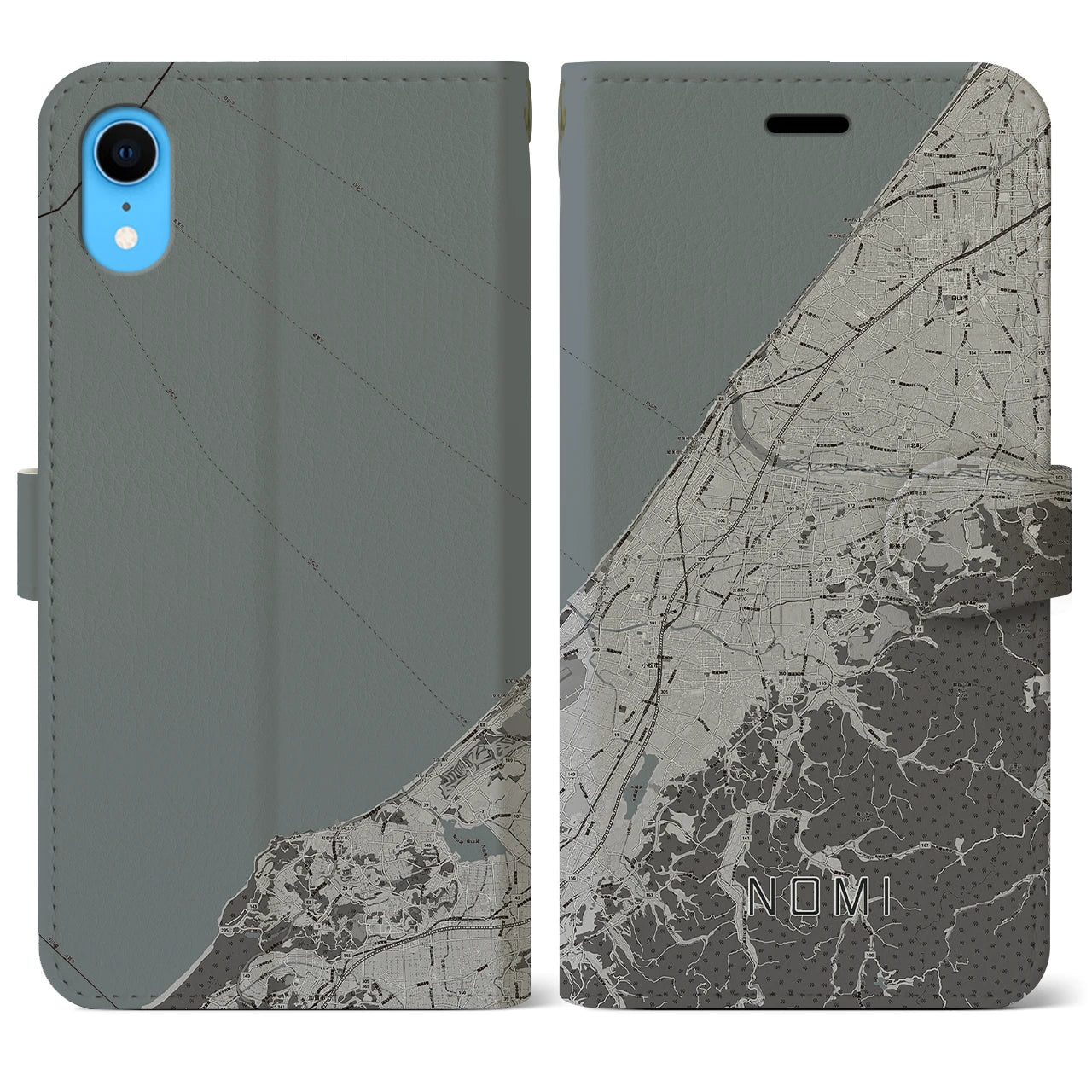【能美(石川県)】地図柄iPhoneケース(手帳タイプ)モノトーン・iPhone XR 用