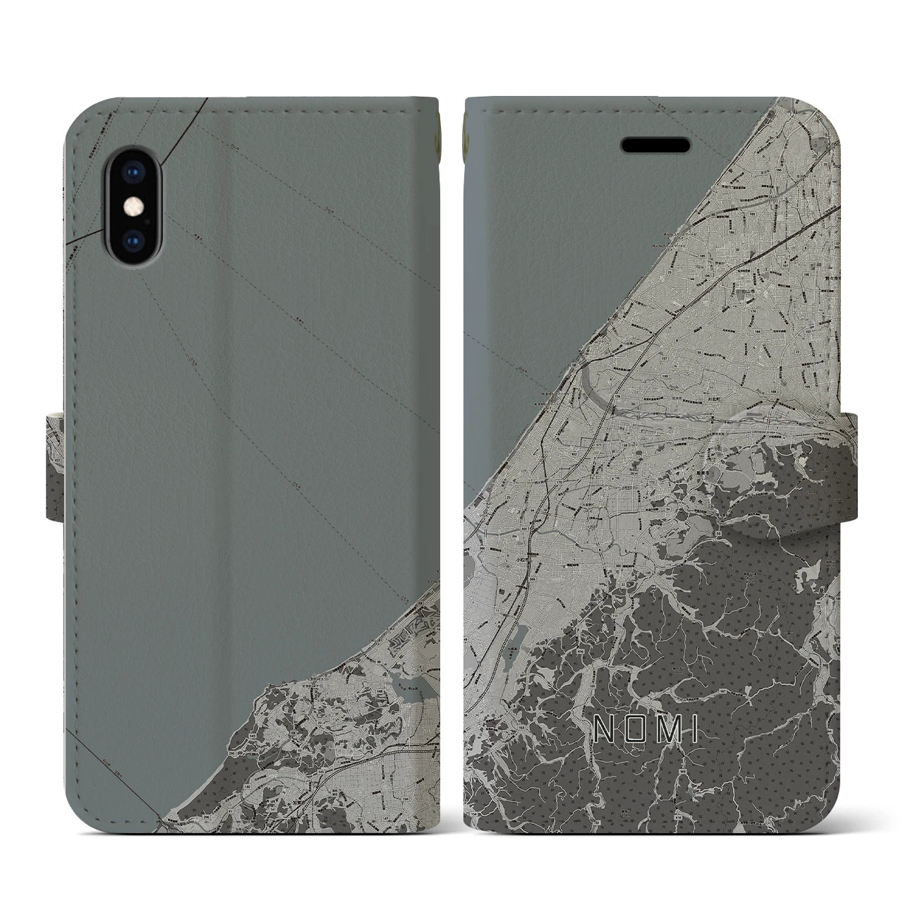 【能美(石川県)】地図柄iPhoneケース(手帳タイプ)モノトーン・iPhone XS / X 用