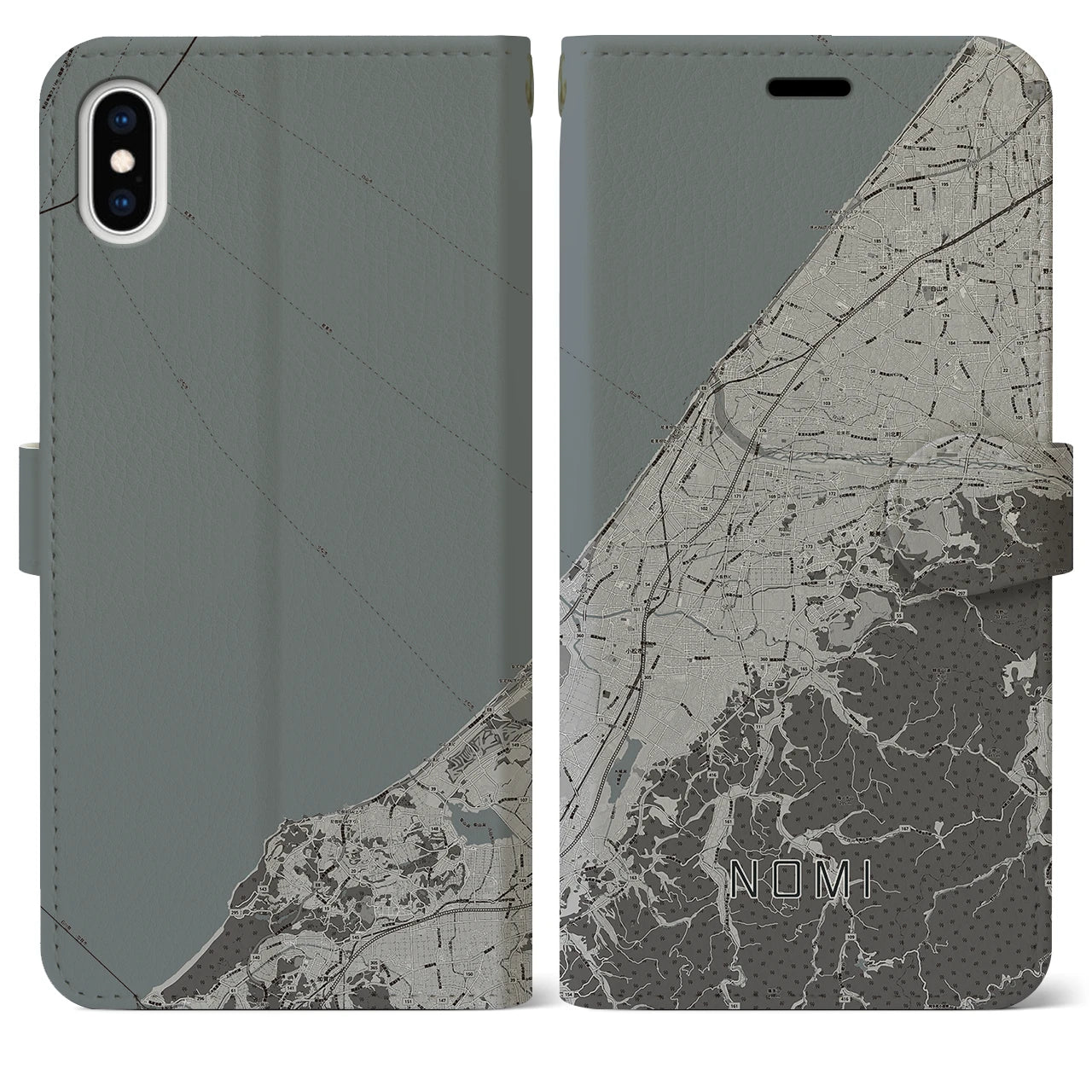 【能美(石川県)】地図柄iPhoneケース(手帳タイプ)モノトーン・iPhone XS Max 用