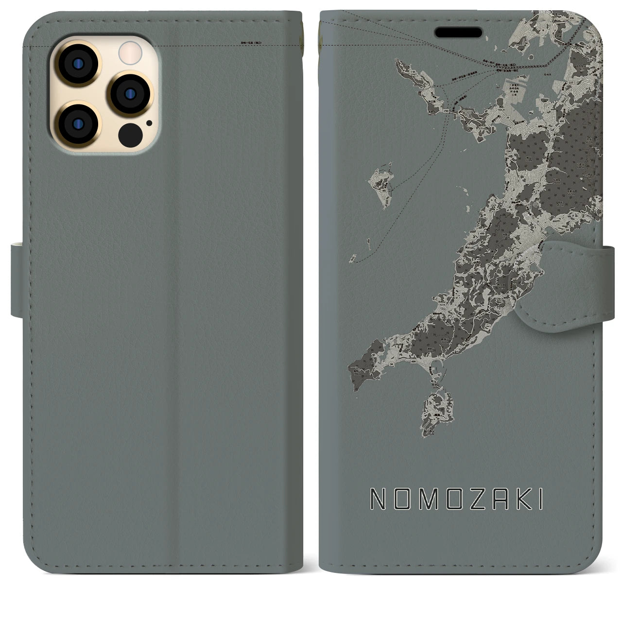 【野母崎(長崎県)】地図柄iPhoneケース(手帳タイプ)モノトーン・iPhone 12 Pro Max 用