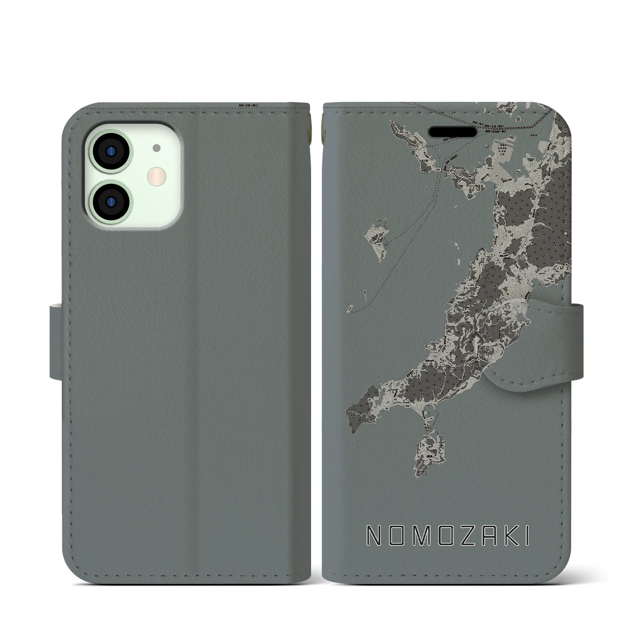 【野母崎(長崎県)】地図柄iPhoneケース(手帳タイプ)モノトーン・iPhone 12 mini 用